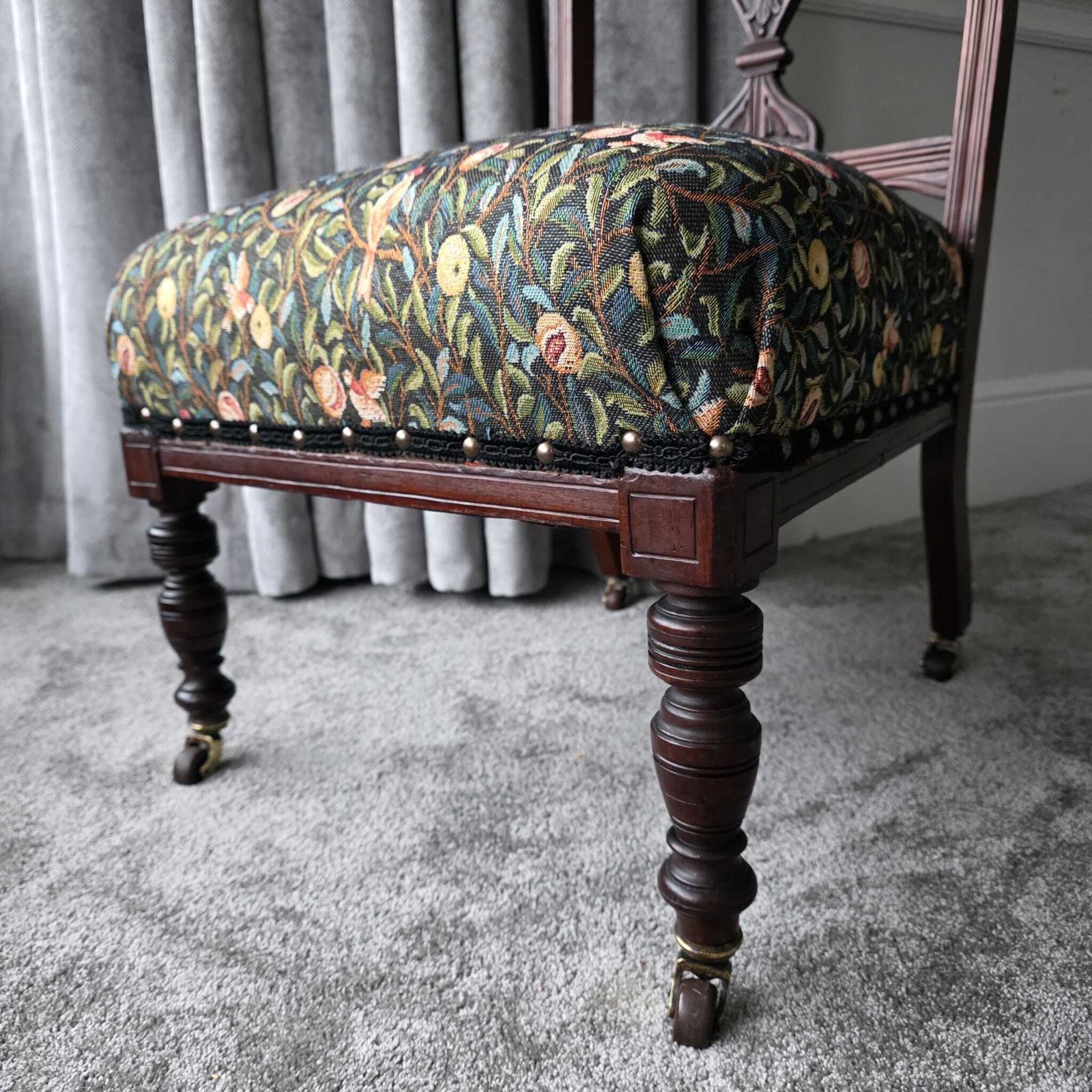 Antique, Mahogany Framed Child's Chair On Original Castors. Covered In Wlm Morris Fabric. photo for sale