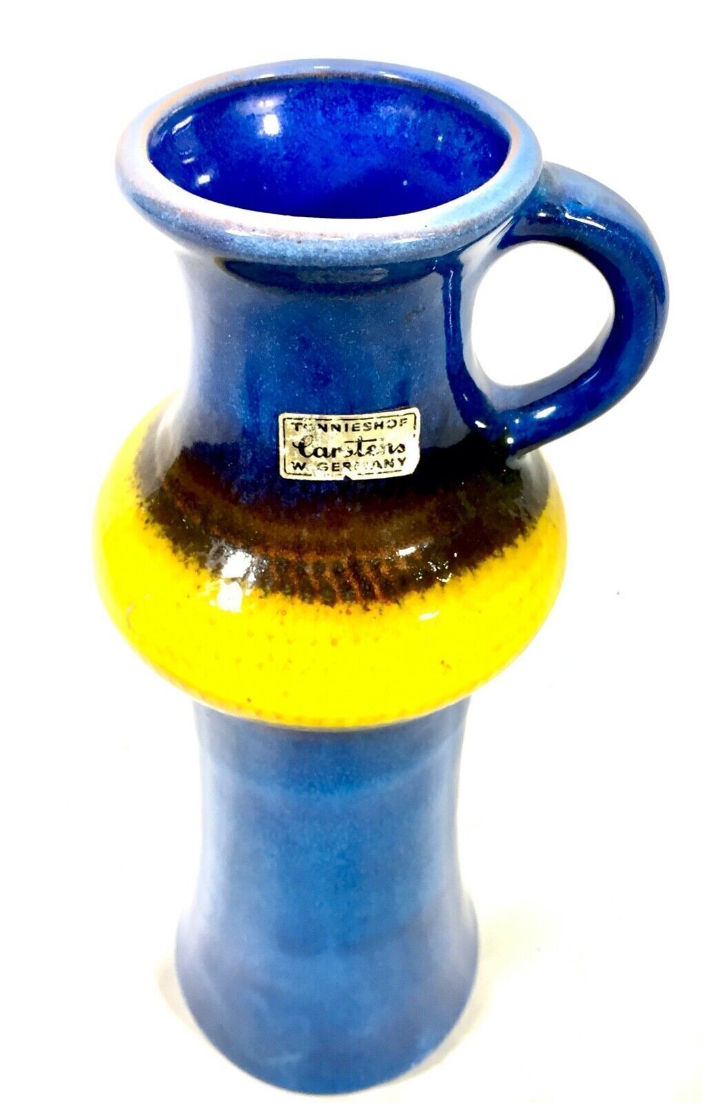 Vintage West German Pottery Fat Vase Carstens Tonnieshof Blue Yellow 1970s Retro photo for sale