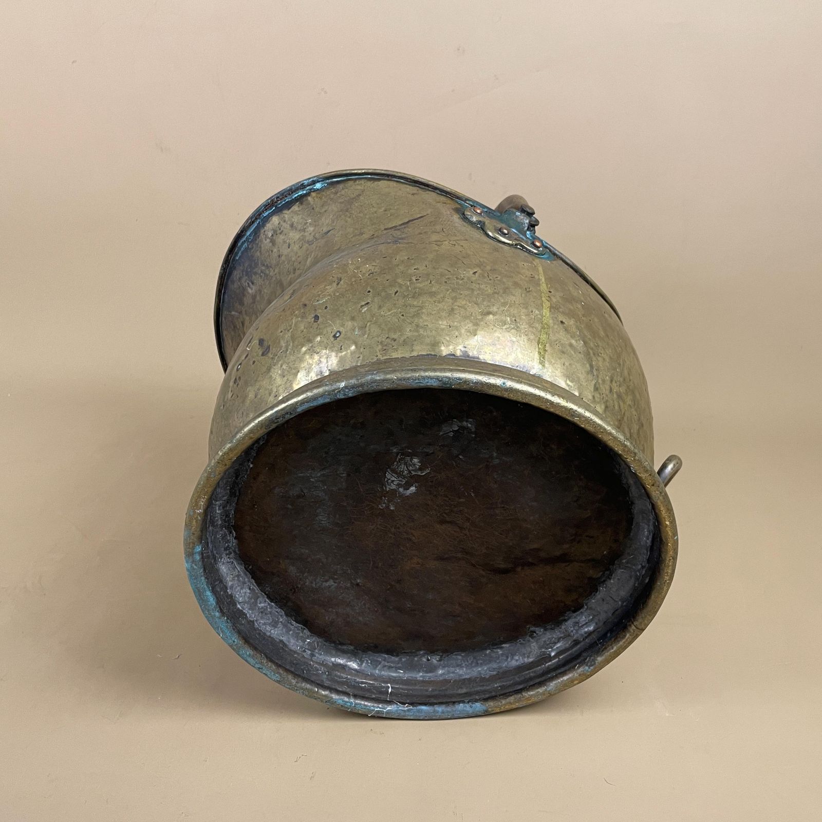 photo for sale Antique Metal Gold Brass Coal Bucket Handle Fireside Fire Side Scuttle Log Helmet Farmhouse Cottage Aged Patina Vintage Fireplace Logs