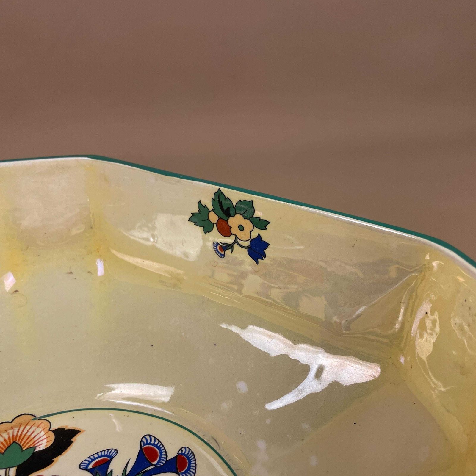 English Flosmaron Ceramic Bowl Vintage Yellow Floral Art Deco Style Display Dish Hand Painted English Pottery Decor C.1930/40's photo for sale