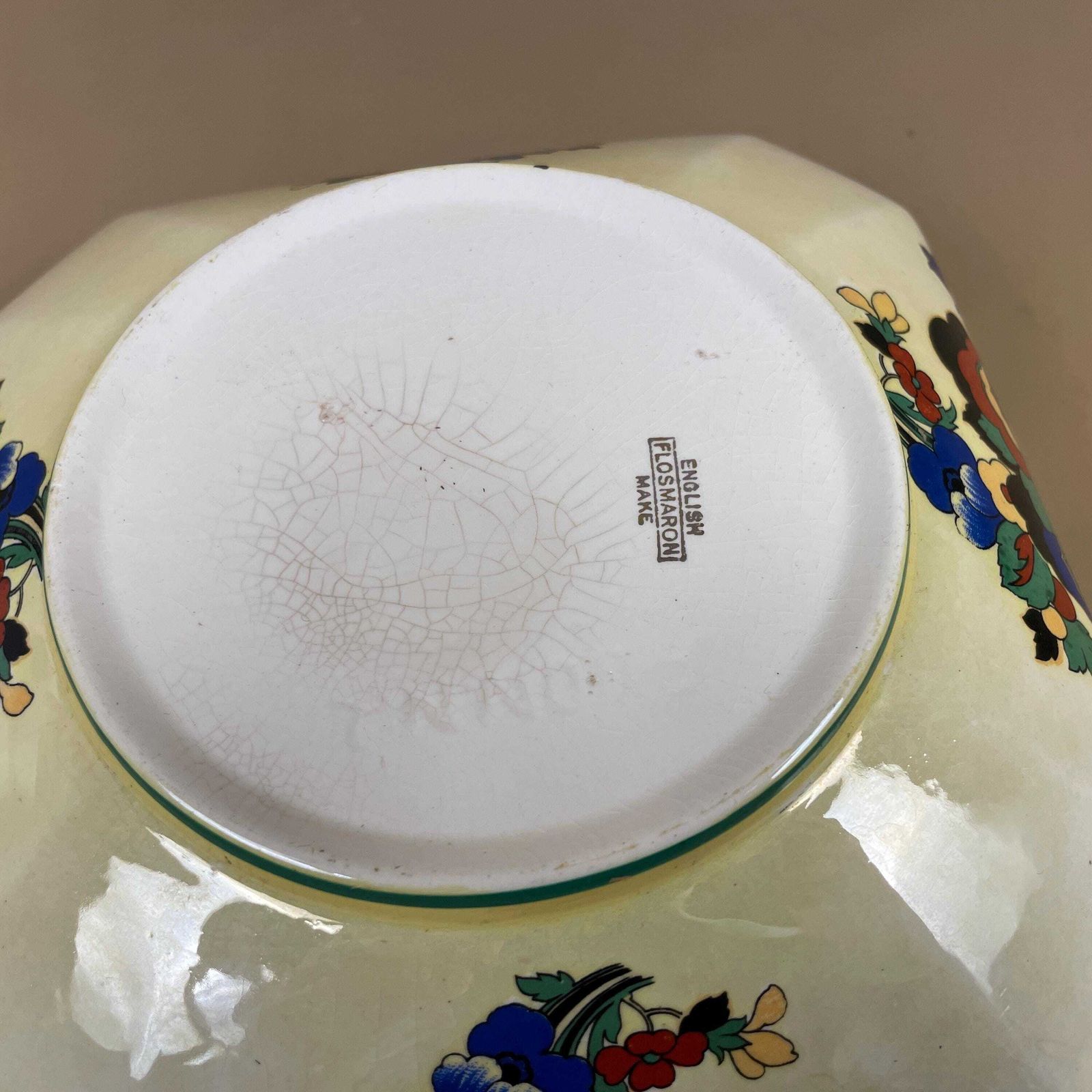 English Flosmaron Ceramic Bowl Vintage Yellow Floral Art Deco Style Display Dish Hand Painted English Pottery Decor C.1930/40's photo vintage