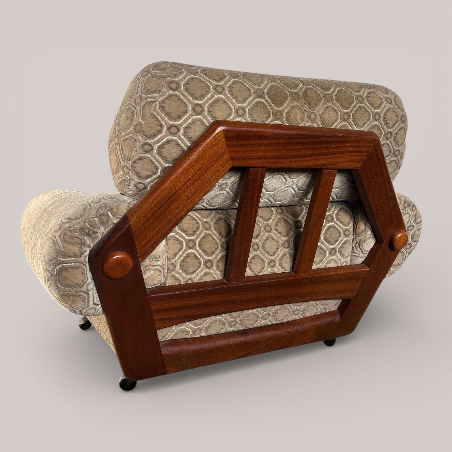 Mid Century Teak Armchair With Velour Upholstery | On Castors photo vintage
