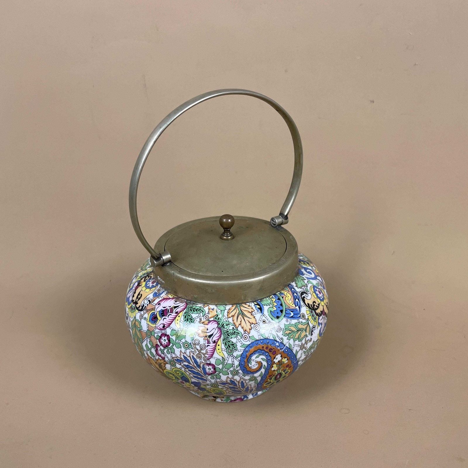 Ceramic Paisley Pattern Pot Brass Lid Decorative Boho Jar With Handle Display Colourful Eclectic Home Decor Cottage Country Tea Caddy photo furniture