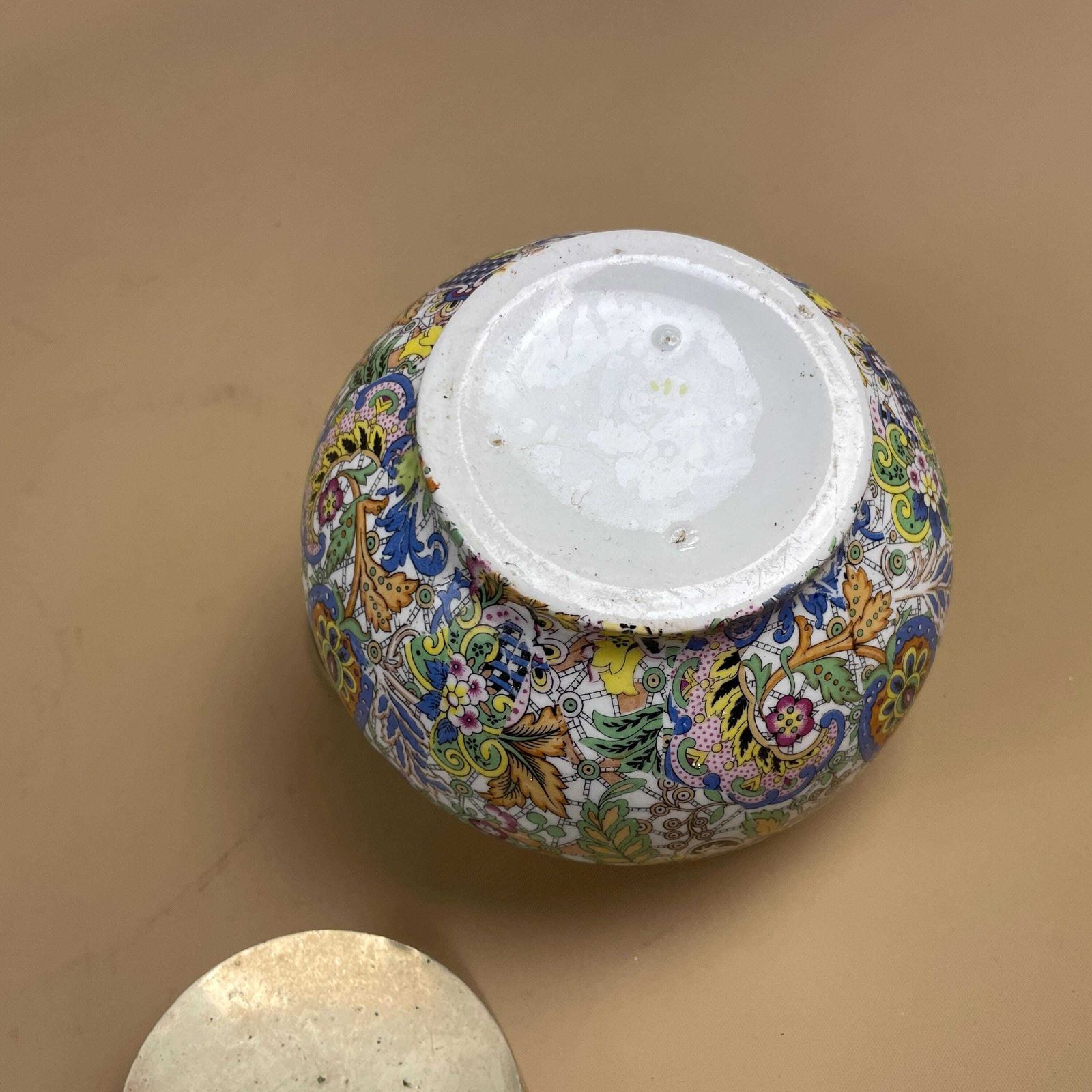 photo for sale Ceramic Paisley Pattern Pot Brass Lid Decorative Boho Jar With Handle Display Colourful Eclectic Home Decor Cottage Country Tea Caddy