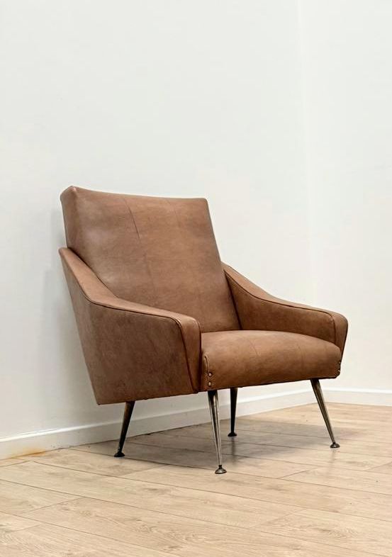 photo buy Quality Vintage 1960 Italian Armchair Brass Taper Supports  Delivery Available