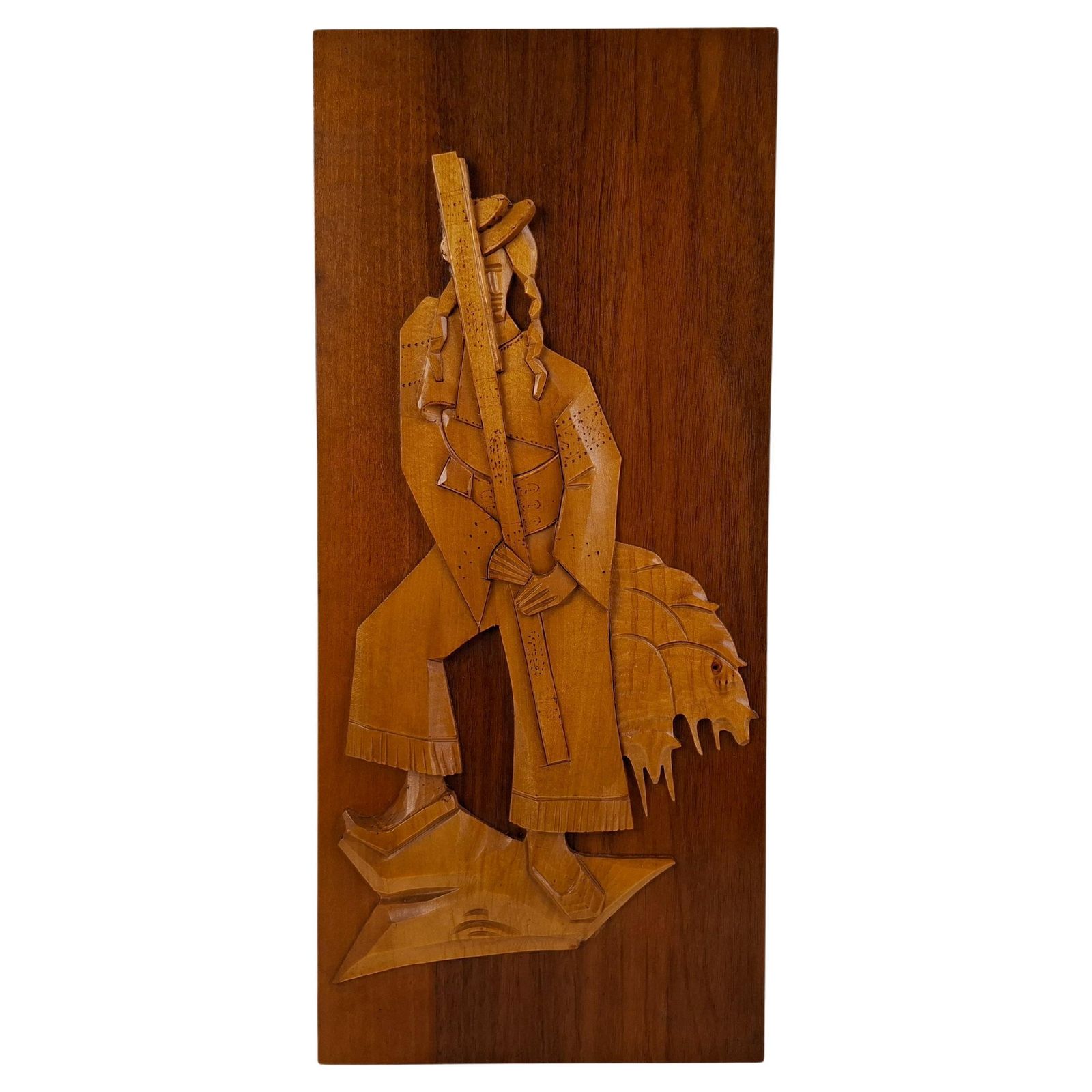 Midcentury Czech Hand Carved Wooden Shepherd Wall Relief, 1960