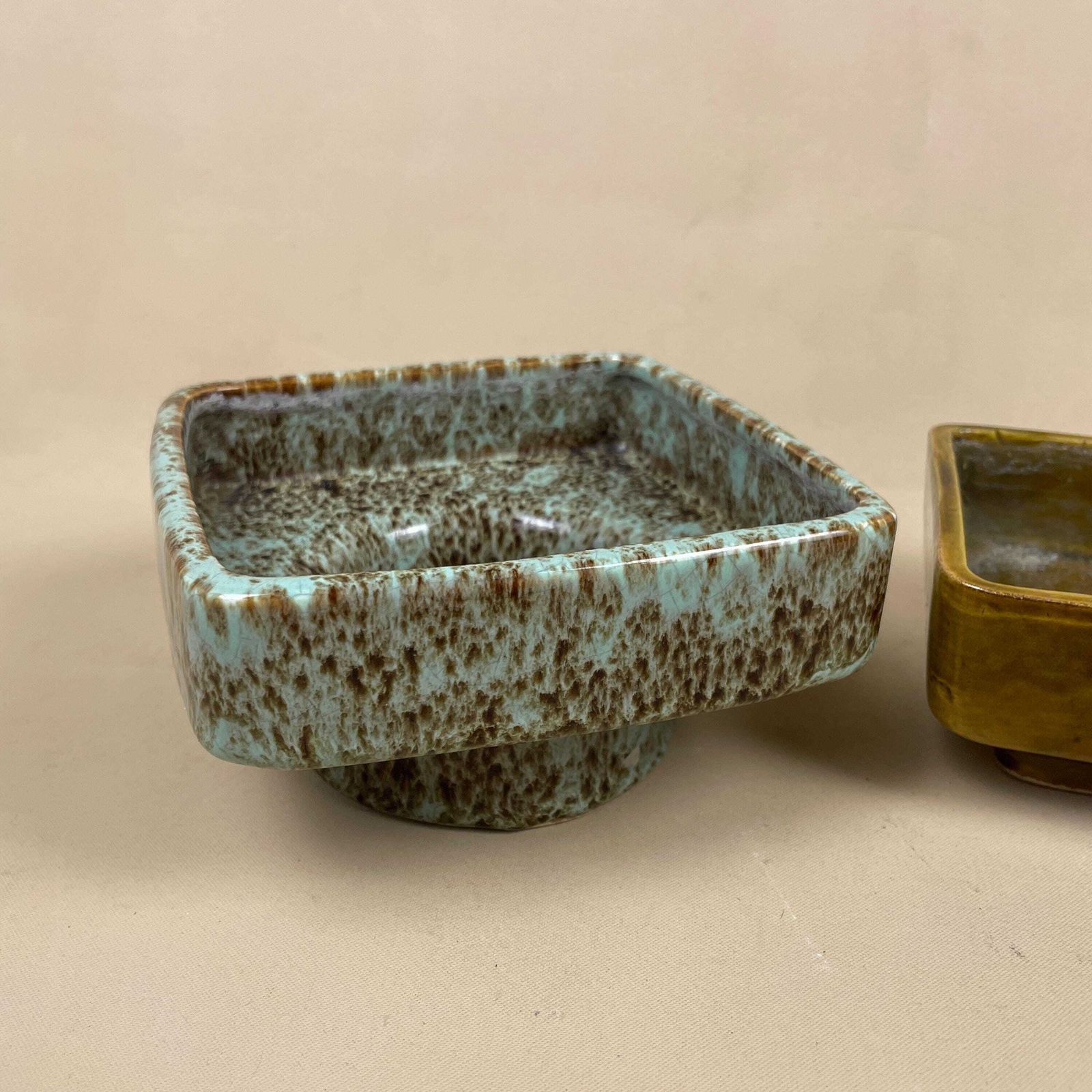 Ceramic Plant Water Catchers Green Mid Century Pottery Drip Trays Set Vintage Studio Planter Saucers Candle Holders Speckled photo for sale