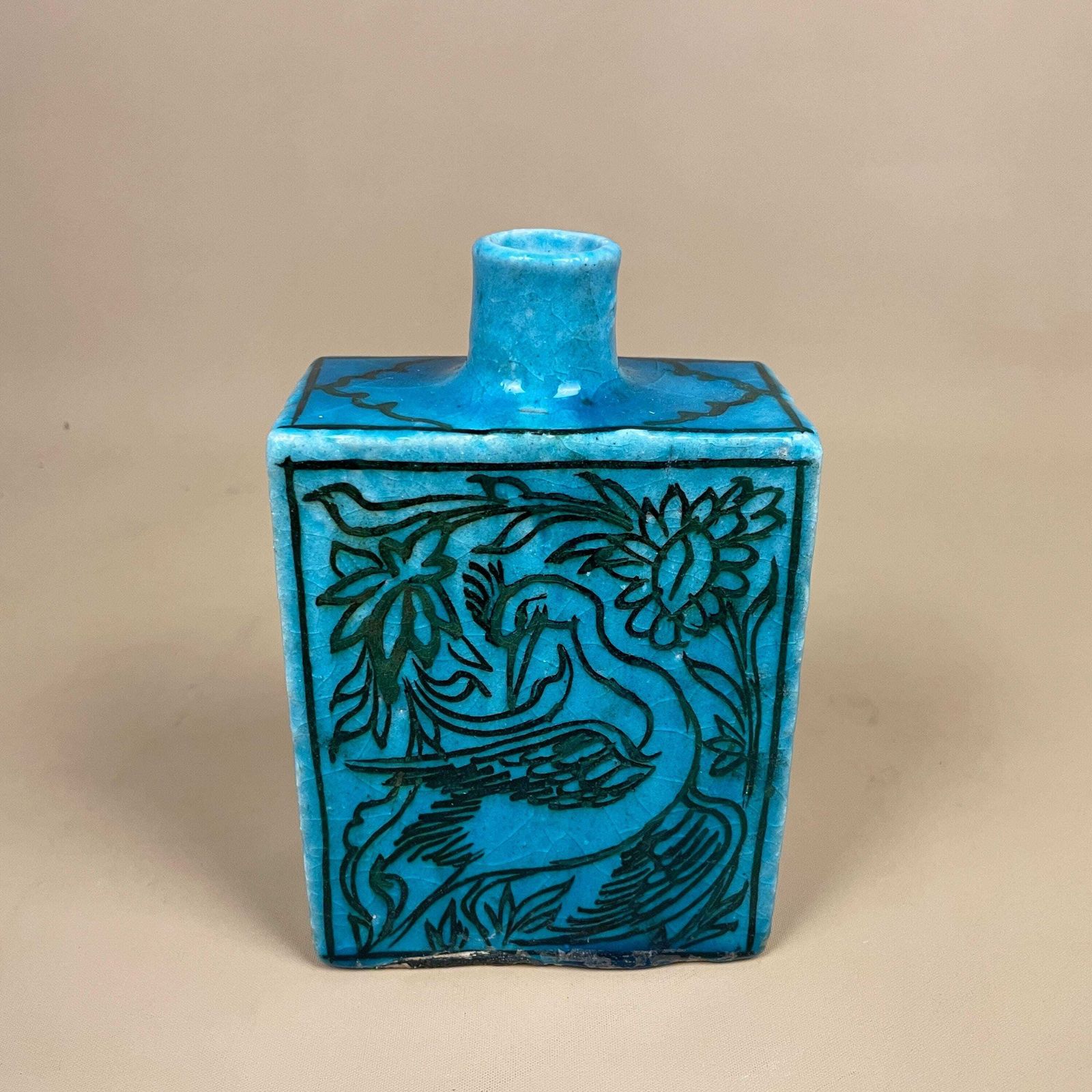 Turquoise Blue Ceramic Vase Bird Floral Hand Painted Square Pot Asian Style Oriental Boho Home Display Decor Glazed Earthenware photo for sale