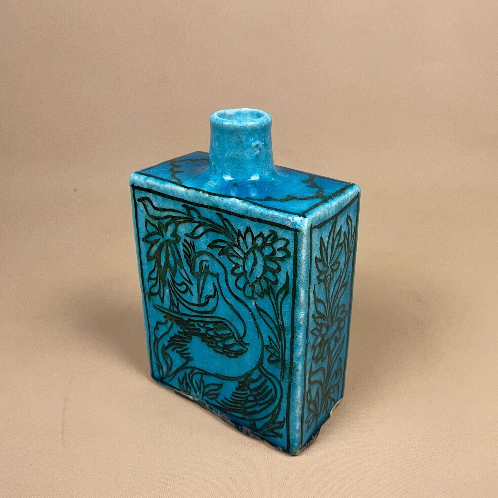 Turquoise Blue Ceramic Vase Bird Floral Hand Painted Square Pot Asian Style Oriental Boho Home Display Decor Glazed Earthenware photo vinterior