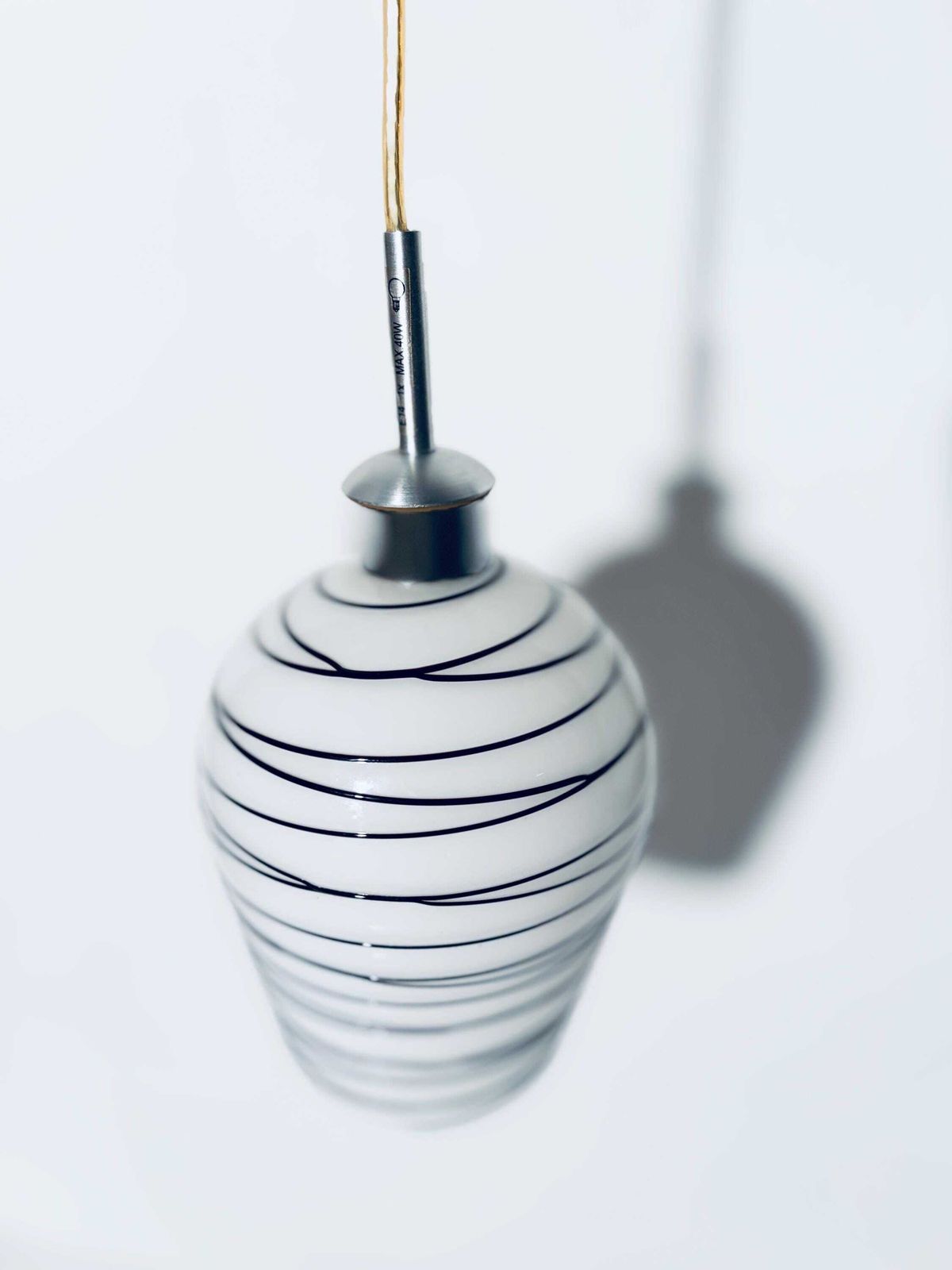 Vintage Scandinavian Striped White Black Glass Hanging Lamp / Handmade Lamp Shade 1970s Denmark photo furniture