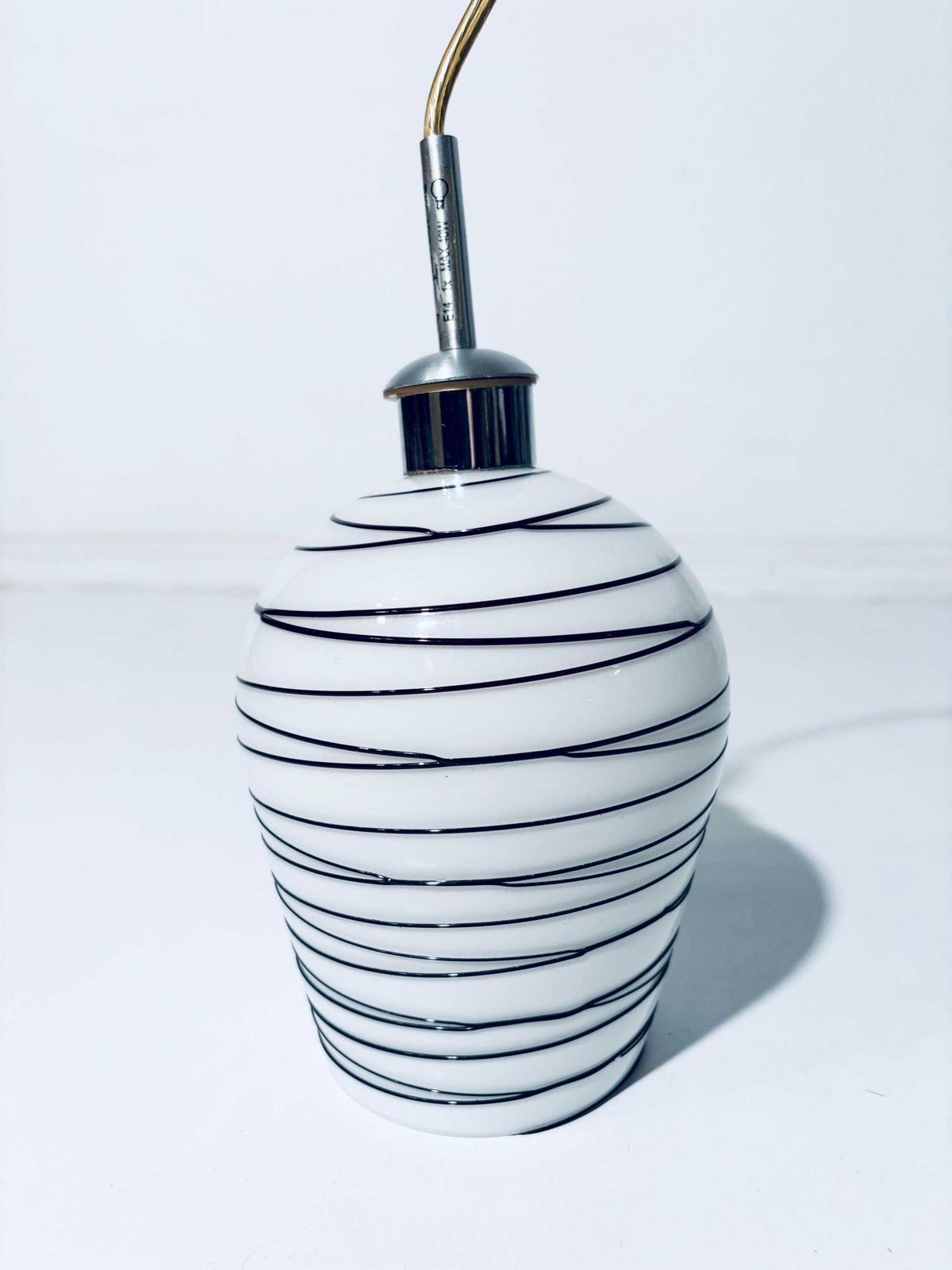 Vintage Scandinavian Striped White Black Glass Hanging Lamp / Handmade Lamp Shade 1970s Denmark photo vinterior