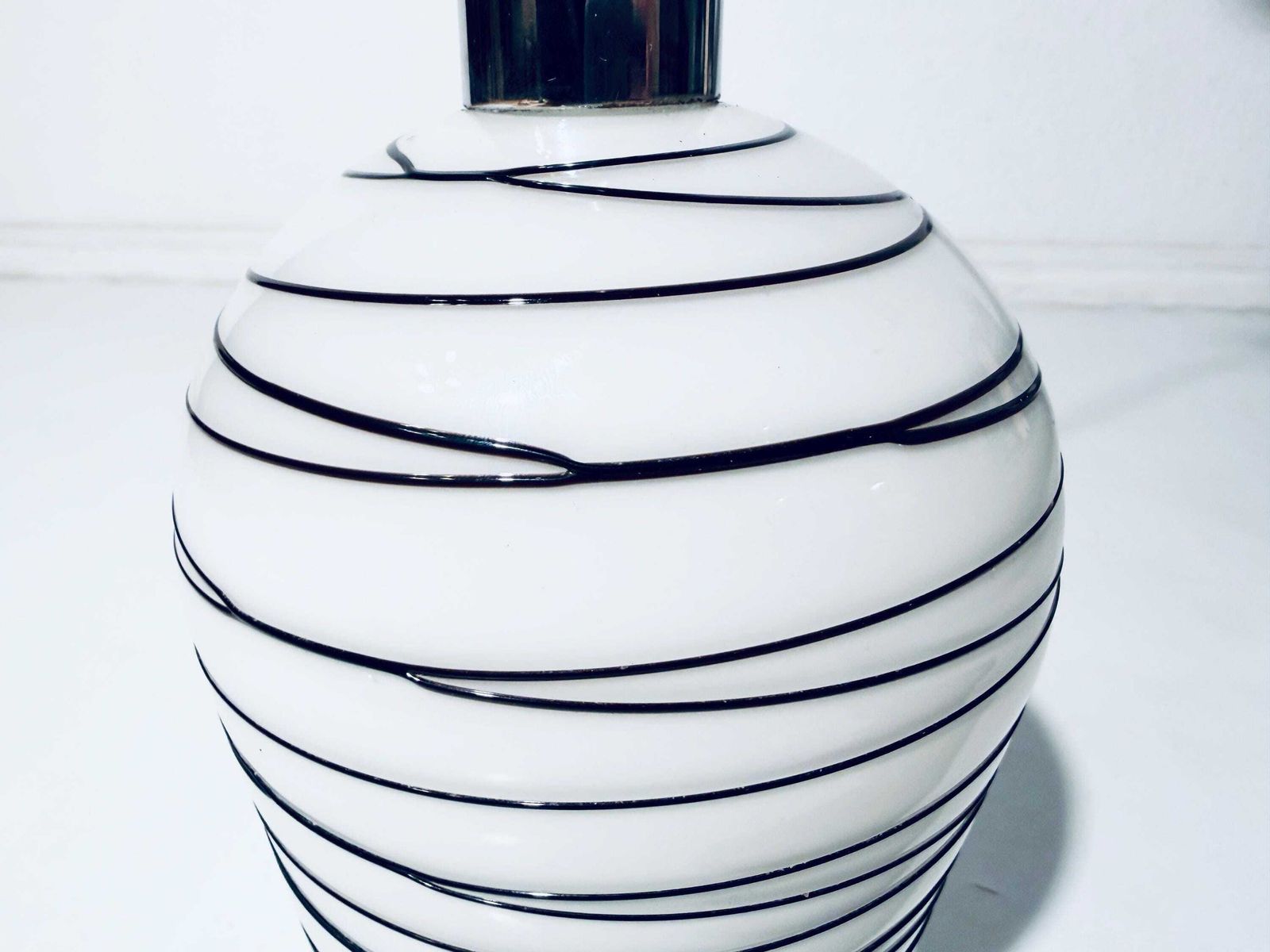 photo for sale Vintage Scandinavian Striped White Black Glass Hanging Lamp / Handmade Lamp Shade 1970s Denmark
