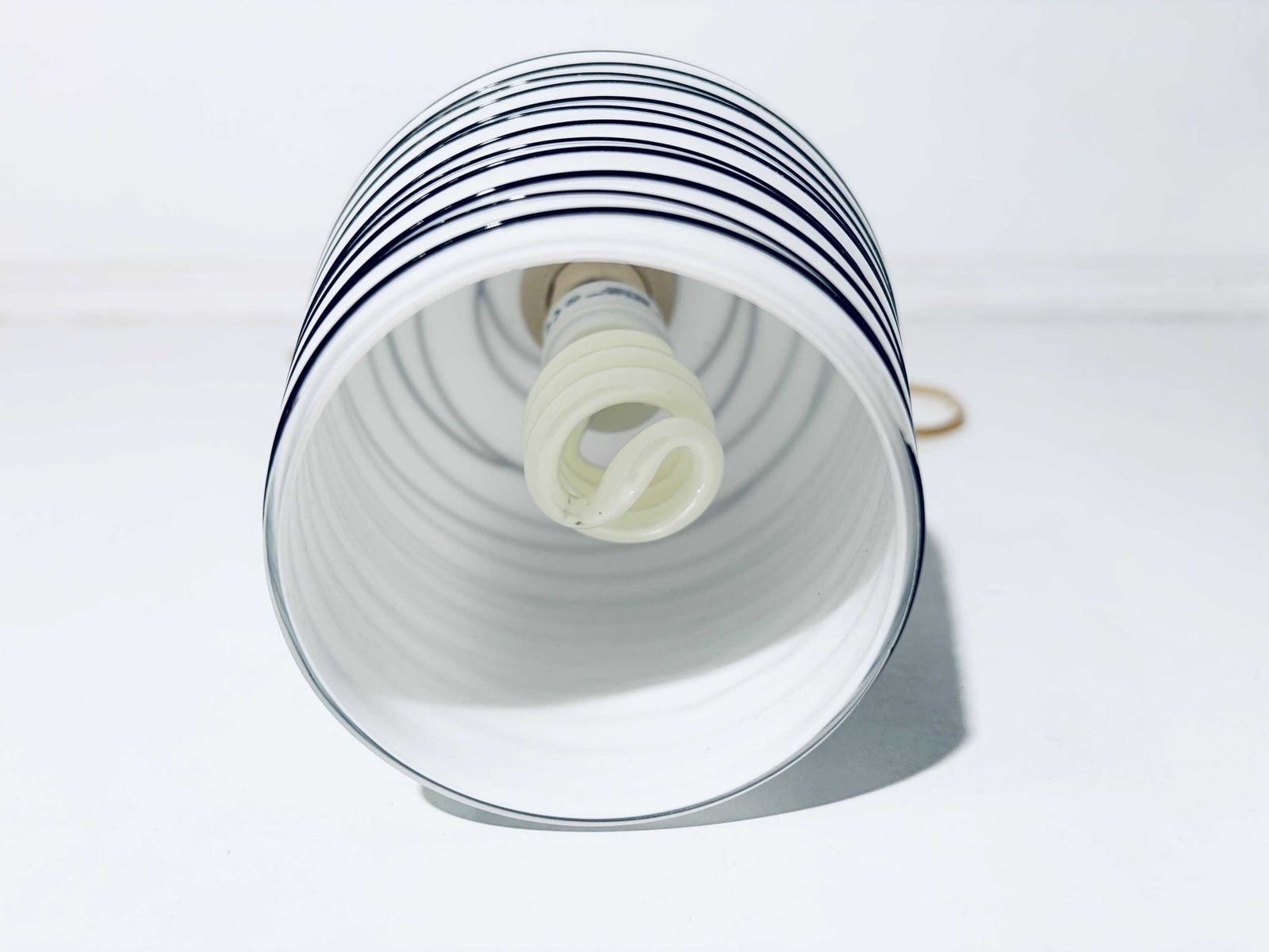 168.0 Vintage Scandinavian Striped White Black Glass Hanging Lamp / Handmade Lamp Shade 1970s Denmark photo