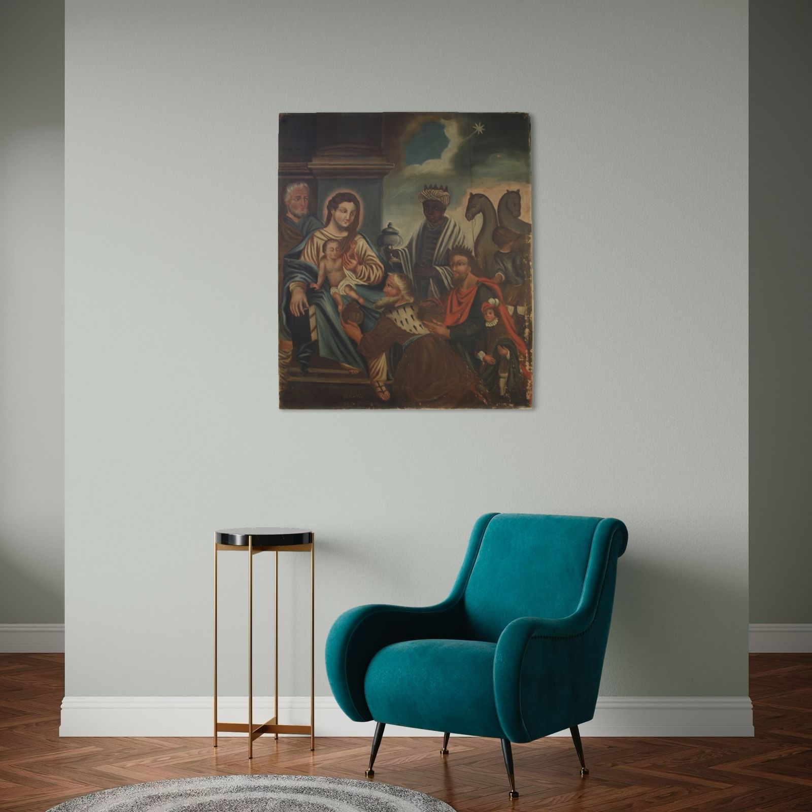 19th Century Spanish Painting Adoration Of The Magi photo vintage