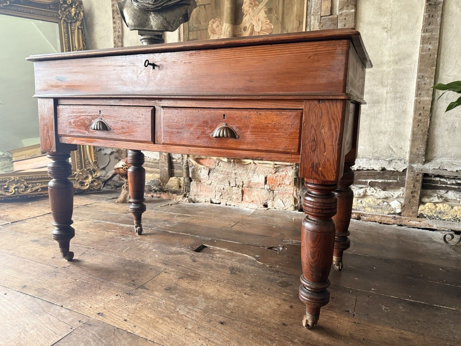 Antique Pitch Pine Rustic Farmhouse (Richard Smith) School Table Desk 1860 C photo vinterior