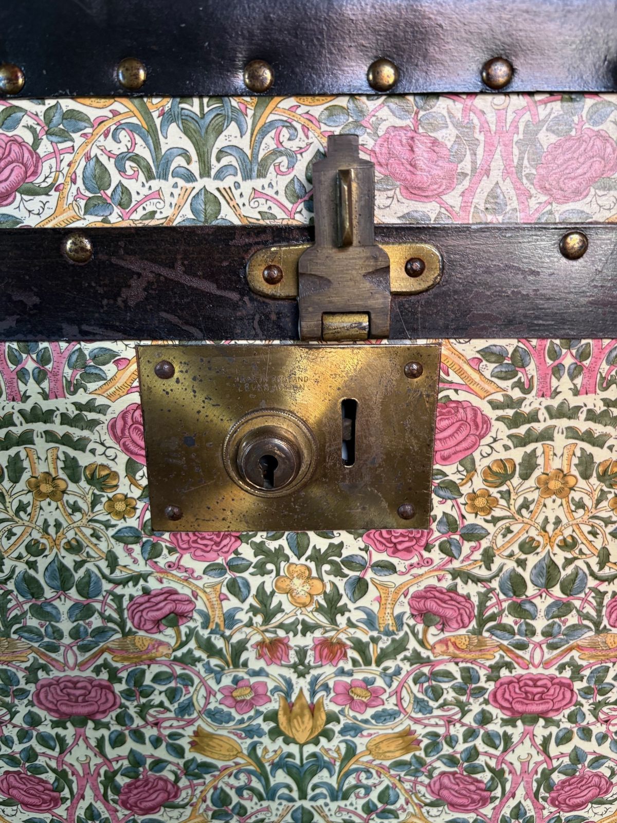 photo for sale Floral Wallpapered Trunk On Castors England, Early–Mid 20th Century