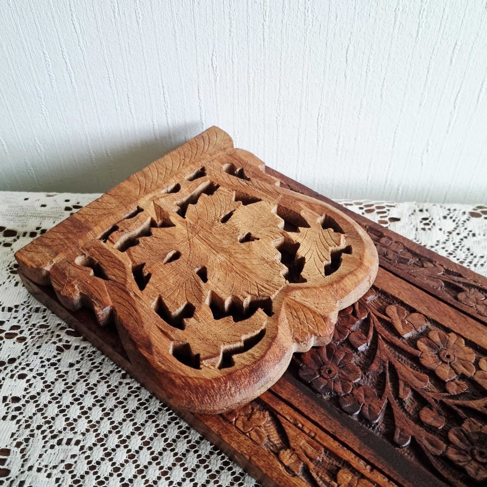 61.0 Vintage Indian Wood Bookrest/Bookshelf/Book Trough photo