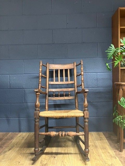 Antique Elmwood Lancashire Wool Winding Chair W. Rush Seat photo furniture