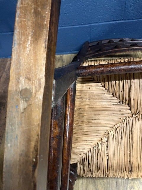 Furniture Antique Elmwood Lancashire Wool Winding Chair W. Rush Seat photo