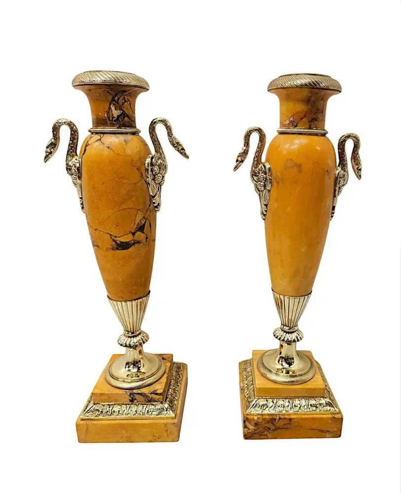 A Very Rare Pair Of 19th Century Sienna Marble Urns With Polished Brass Mounts