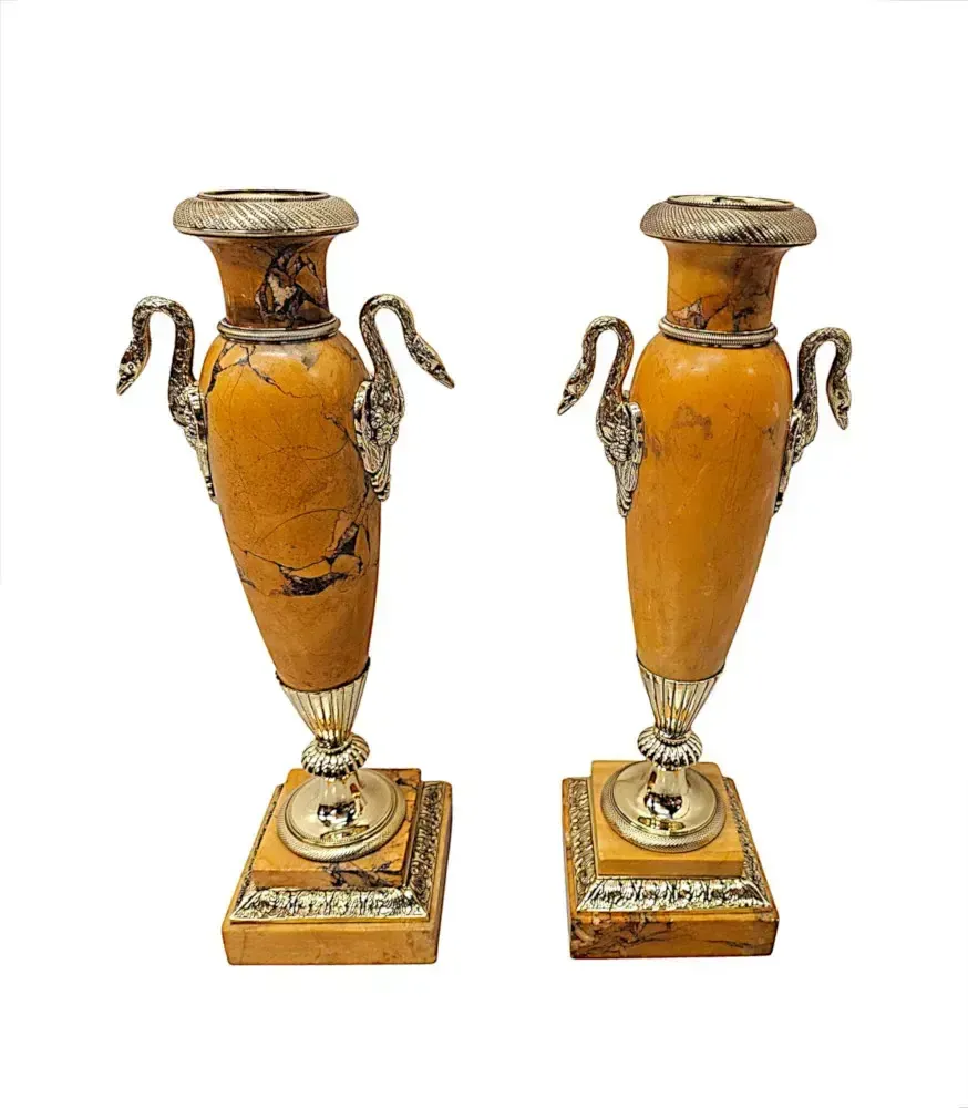 A Very Rare Pair Of 19th Century Sienna Marble Urns With Polished Brass Mounts photo for sale