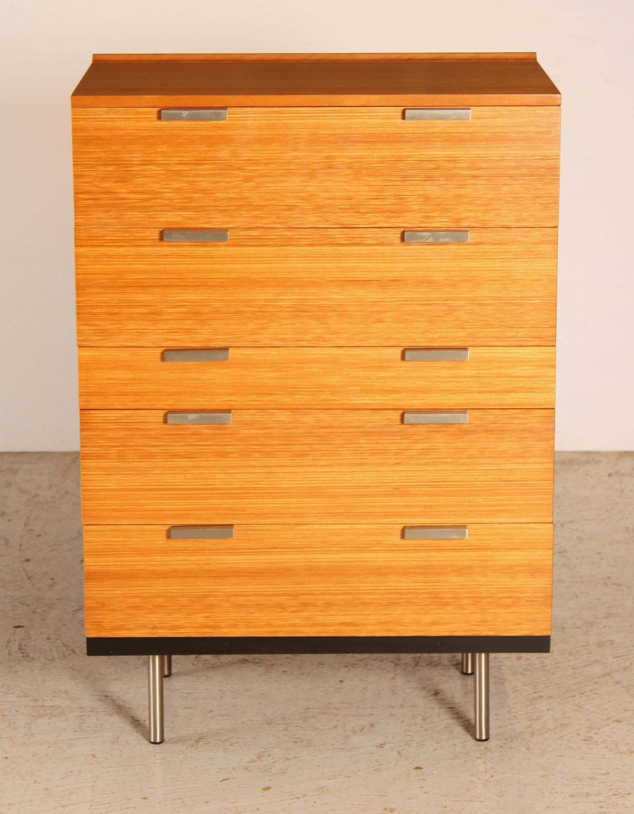 Mid Century Oak Chest Of Drawers With Chrome Legs By John And Sylvia Reid For Stag, Circa 1960s