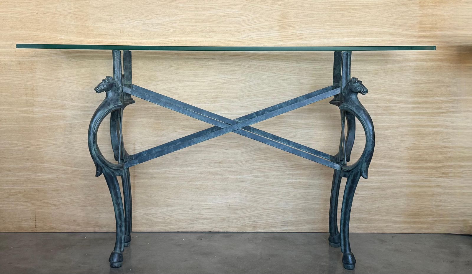 Neoclassical Revival Italian Bronze & Iron Console Table W Horse Details. 1950s photo furniture