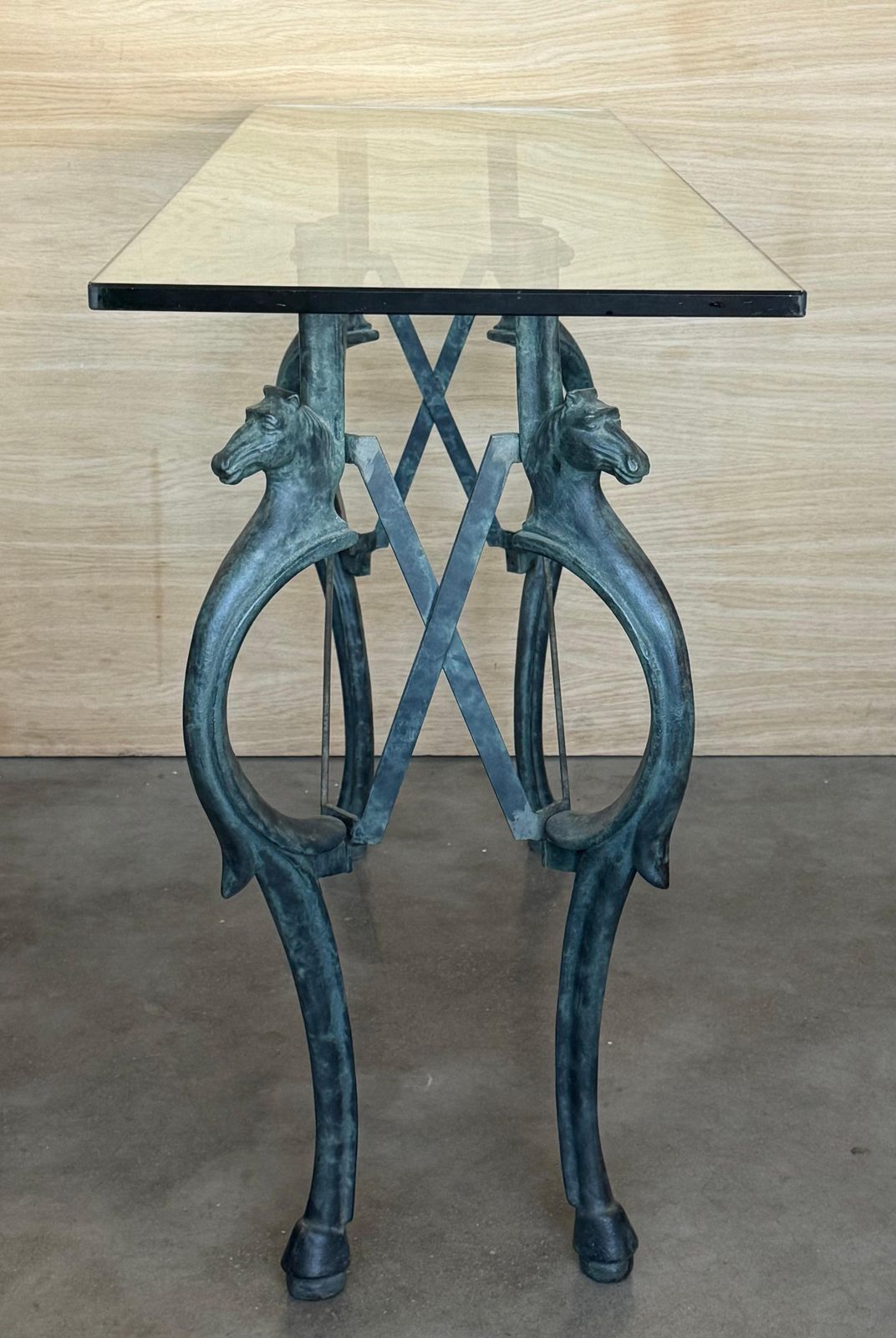 Neoclassical Revival Italian Bronze & Iron Console Table W Horse Details. 1950s photo vinterior