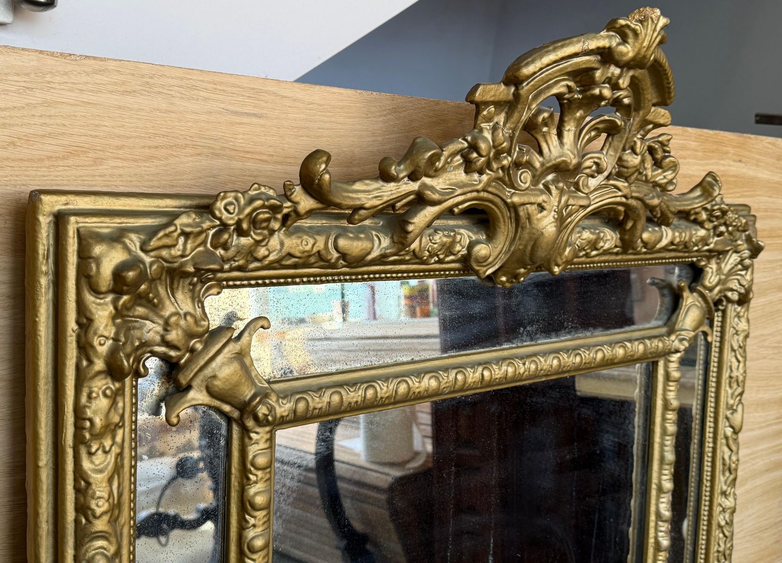 French 20th Century Rectangular Vertical Gold Gilt Mirror With Floral Crest photo Home Decor