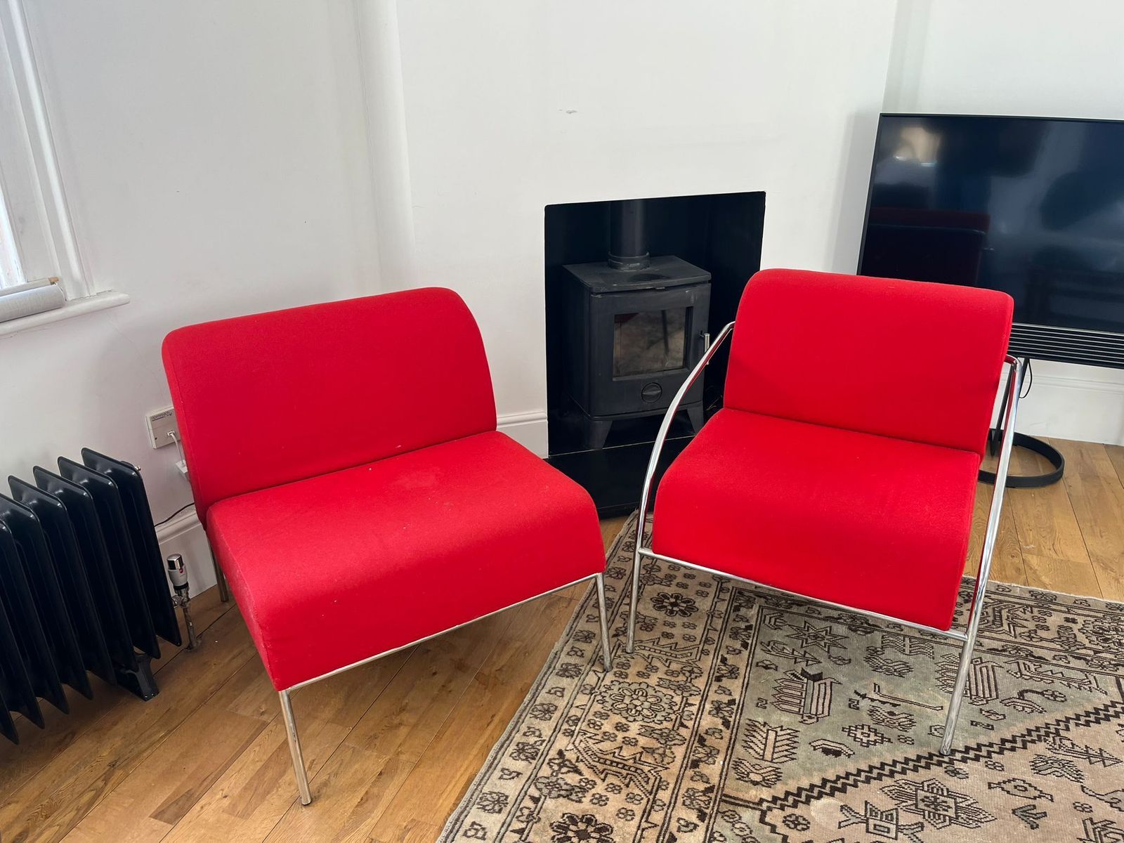 Set Of 'Stylex' Retro Red Accent Armchairs With Chrome Legs photo furniture