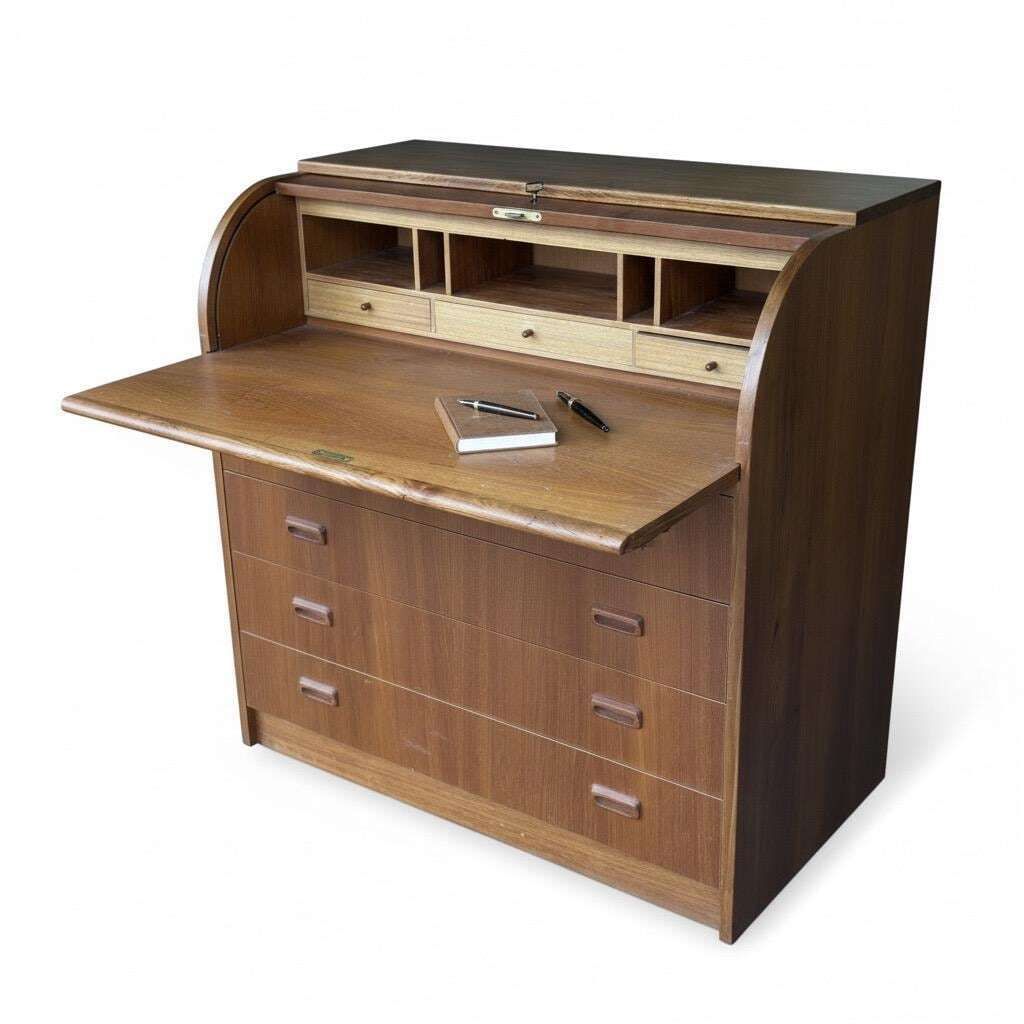 Swedish Midcentury Teak Tambour Bureau Lock With Original Key