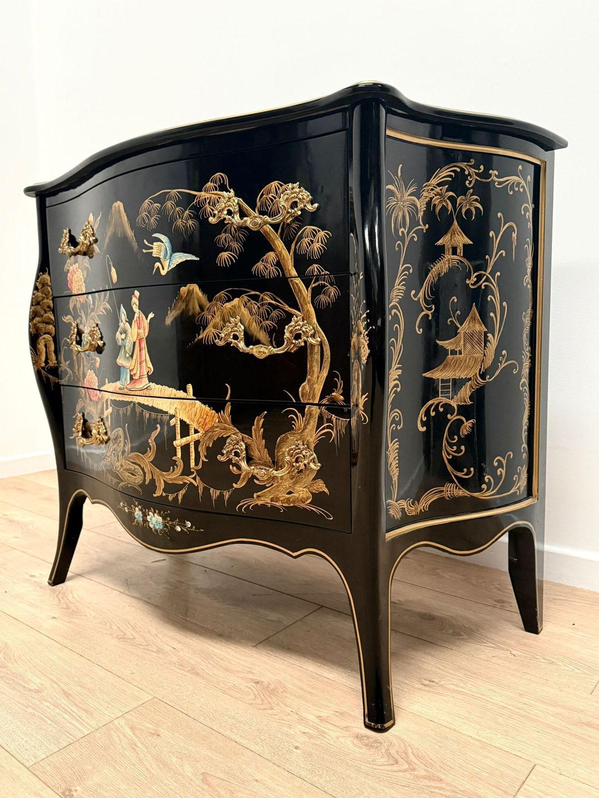 Black Lacquer Chest Hand Painted Decorative Chinese Antique 0229. photo vinterior
