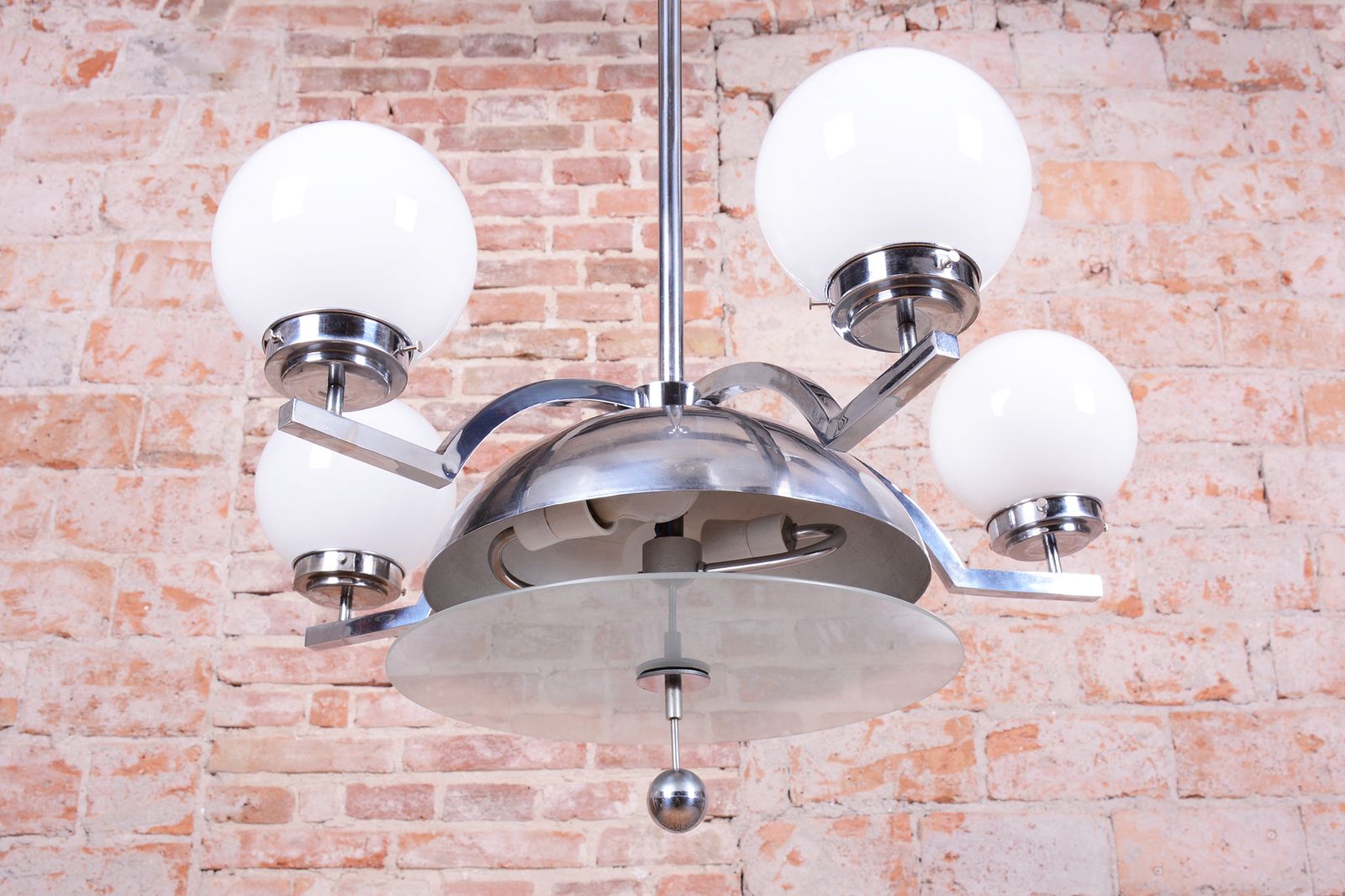 Restored Bauhaus Chandelier, Chrome Plated Steel, Opaline Glass, Czech, 1930s photo Lighting