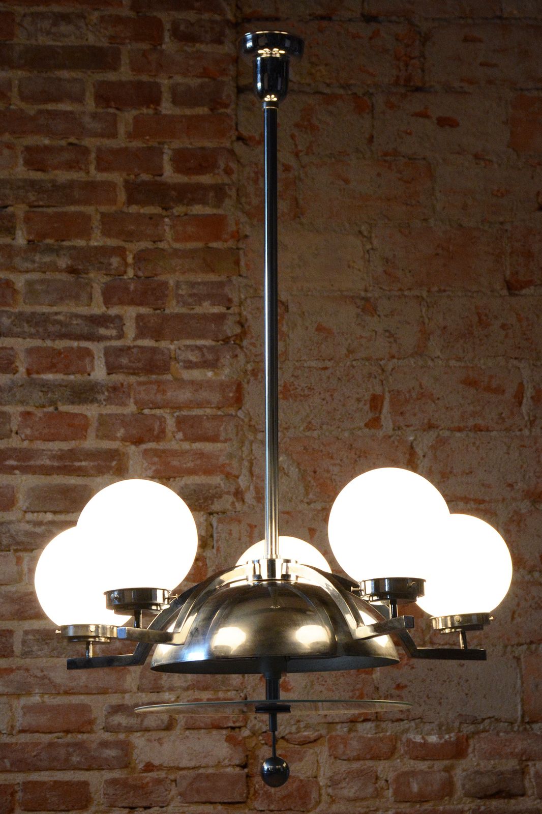 photo furniture Restored Bauhaus Chandelier, Chrome Plated Steel, Opaline Glass, Czech, 1930s