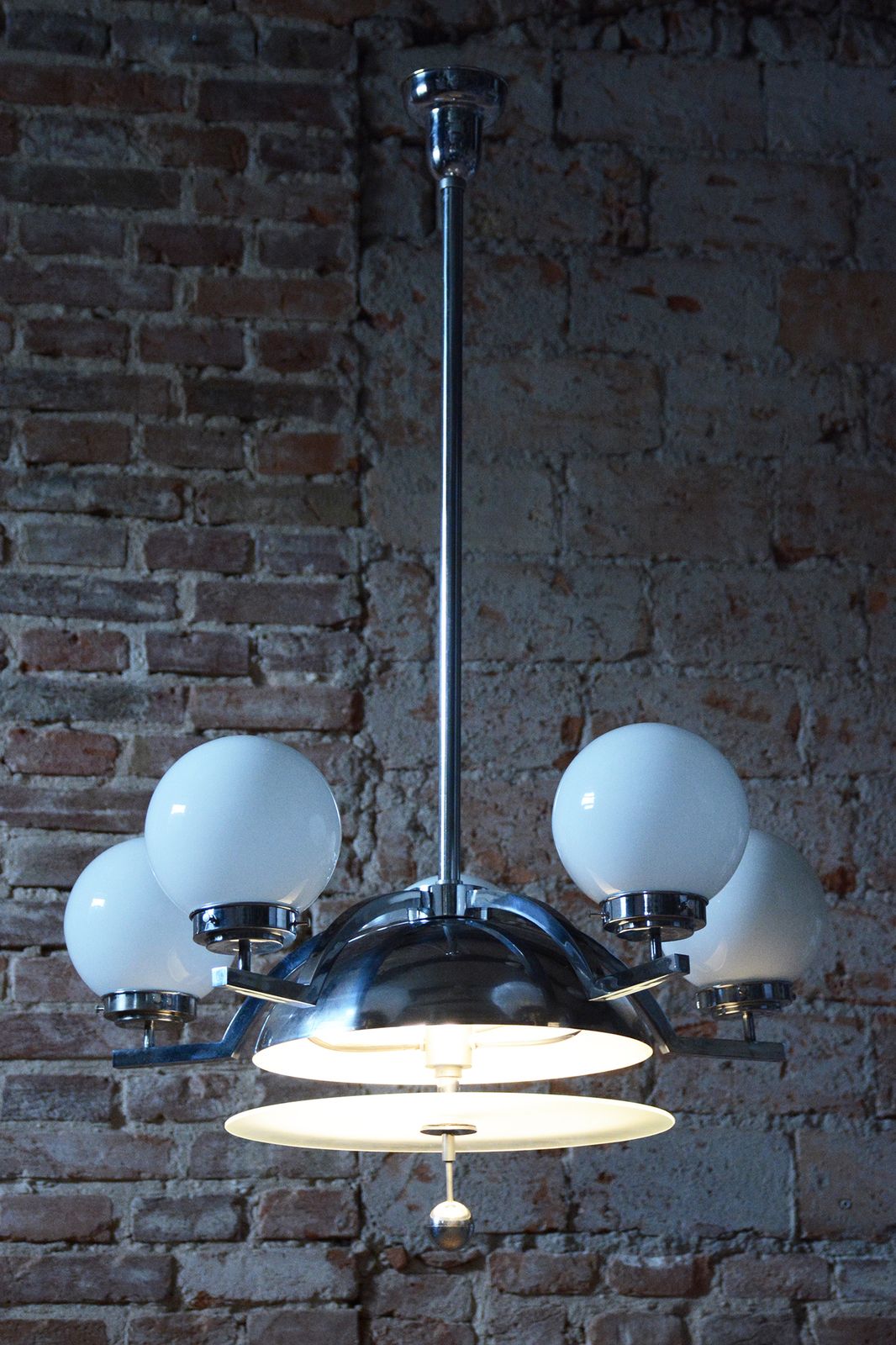 photo for sale Restored Bauhaus Chandelier, Chrome Plated Steel, Opaline Glass, Czech, 1930s