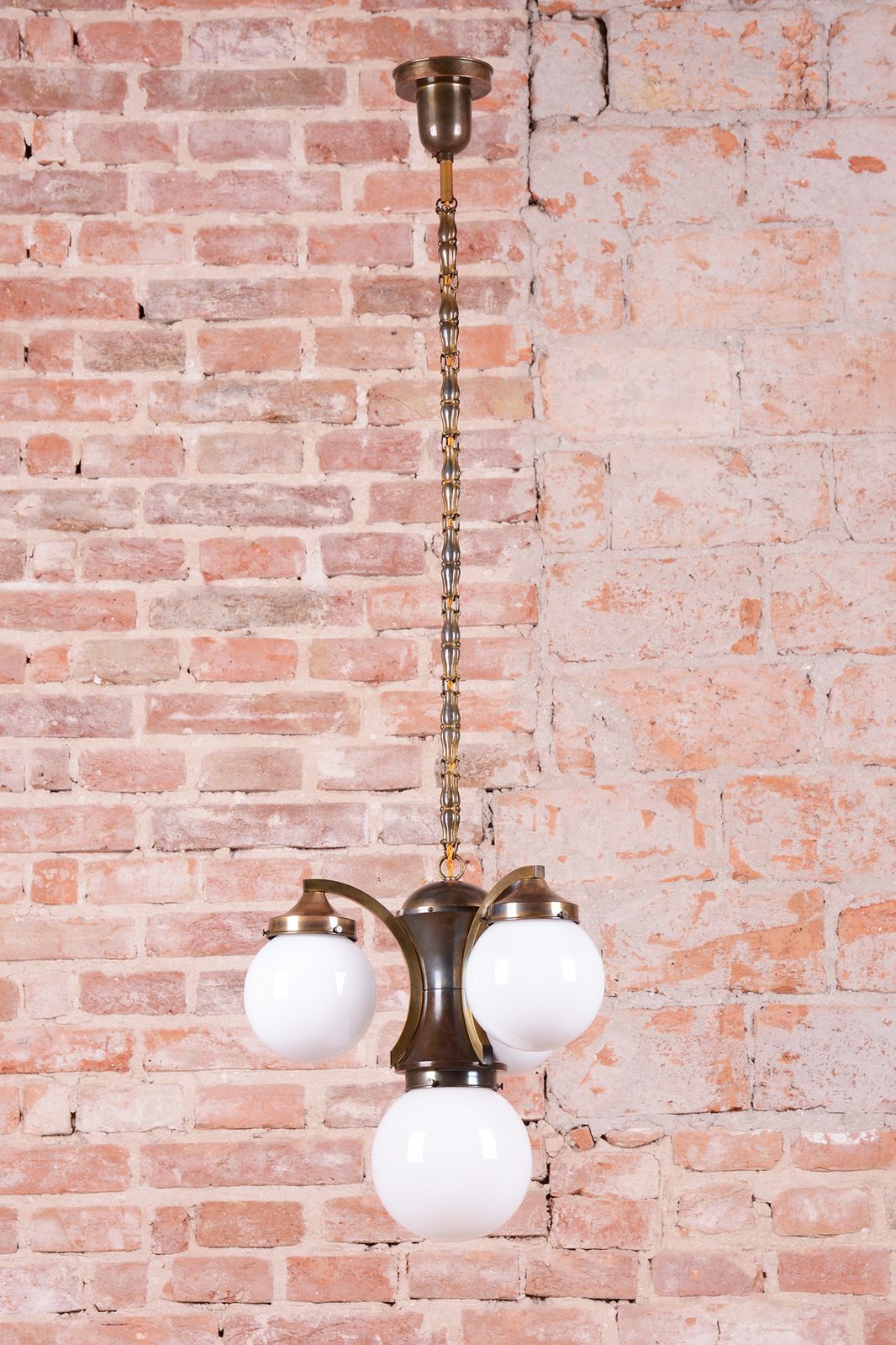 Restored Art Deco Dissociative Chandelier, Brass, Opaline Glass, Czech, 1920s photo furniture