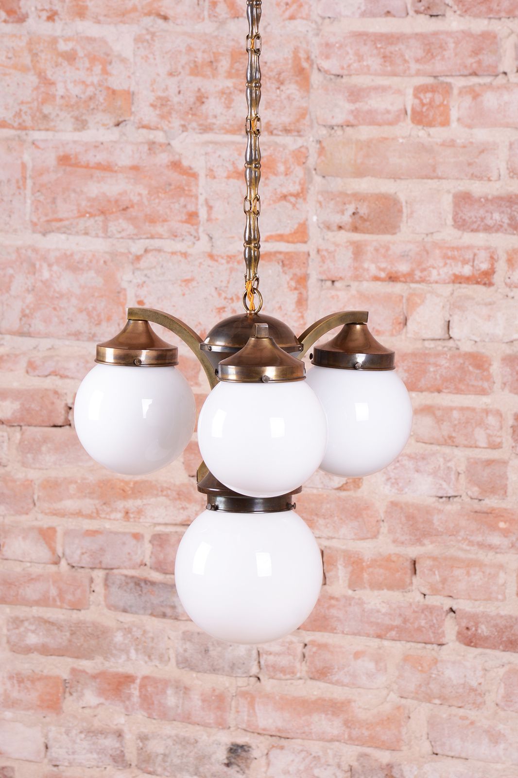 Restored Art Deco Dissociative Chandelier, Brass, Opaline Glass, Czech, 1920s photo for sale