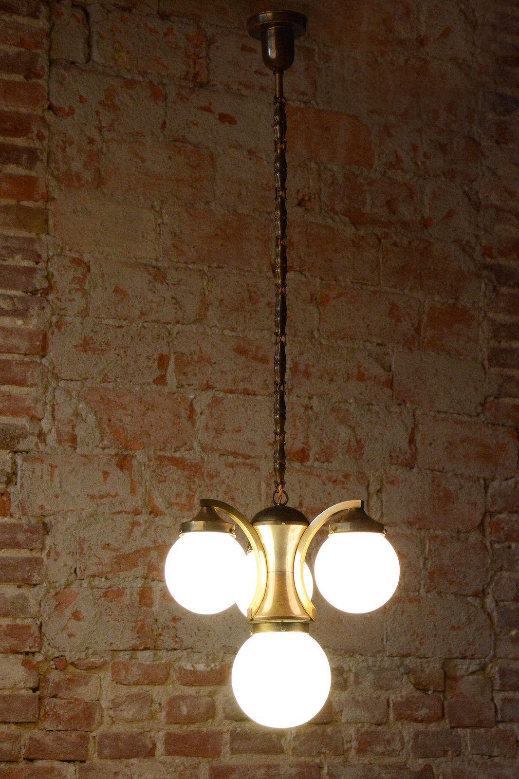Lighting Restored Art Deco Dissociative Chandelier, Brass, Opaline Glass, Czech, 1920s photo