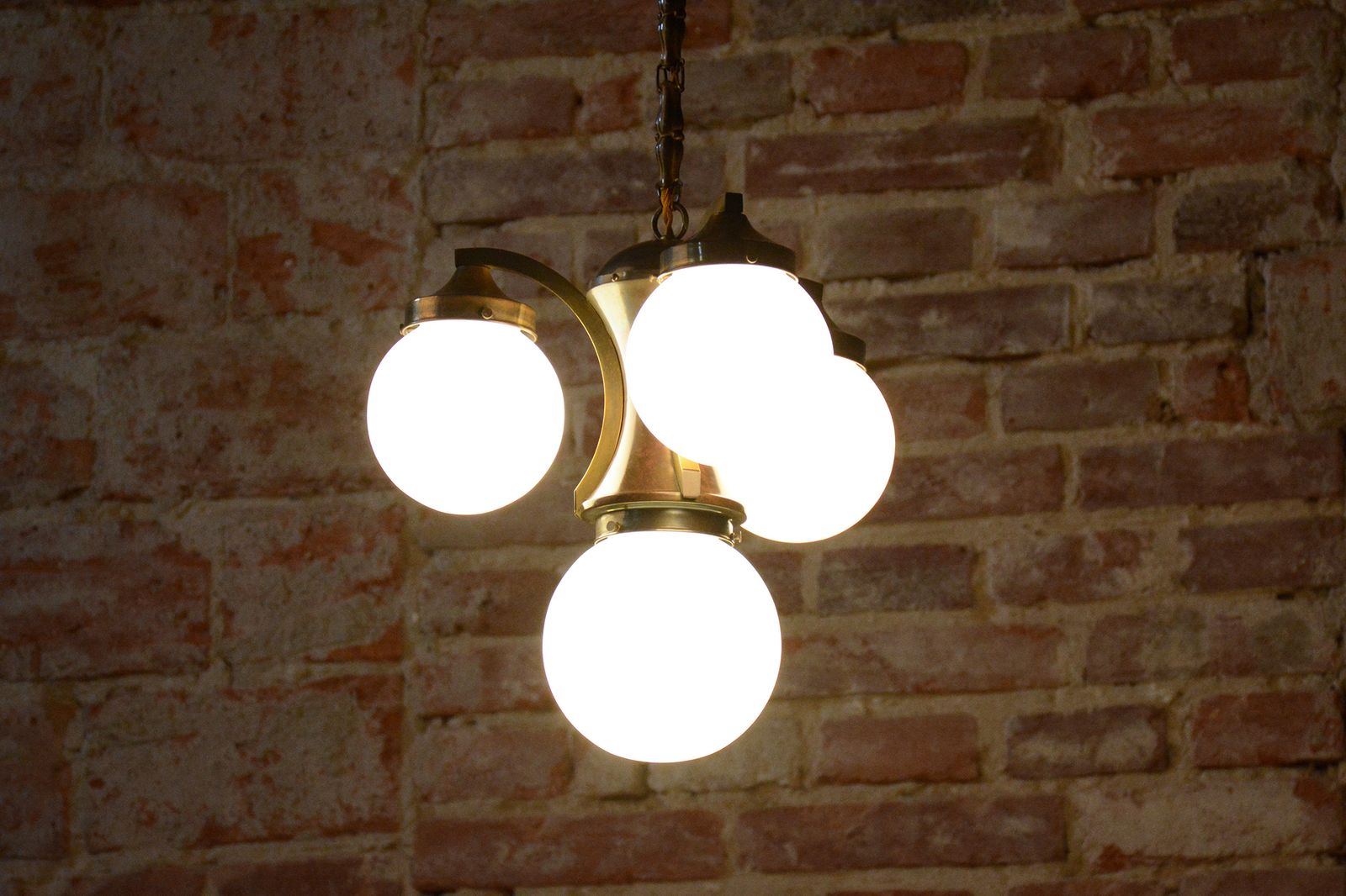 photo vinterior Restored Art Deco Dissociative Chandelier, Brass, Opaline Glass, Czech, 1920s