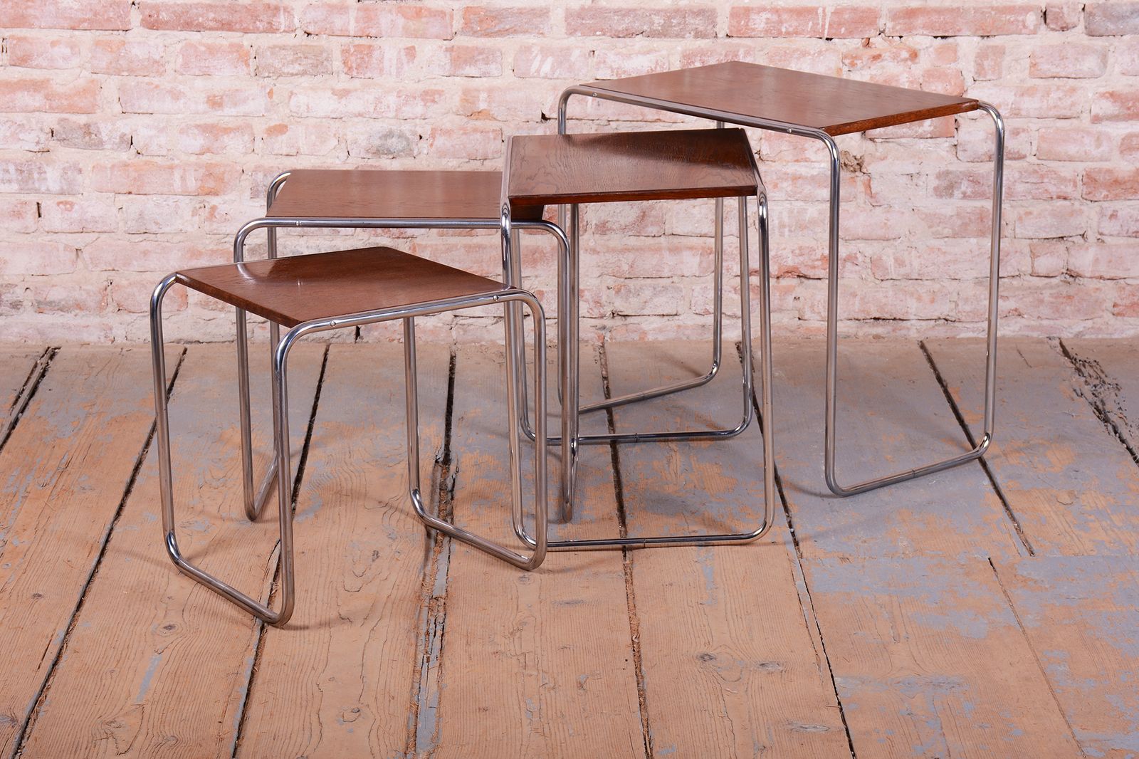 Restored Nesting Tables, By M. Breuer For Thonet, Oak, Chrome, Czech, 1920s photo for sale