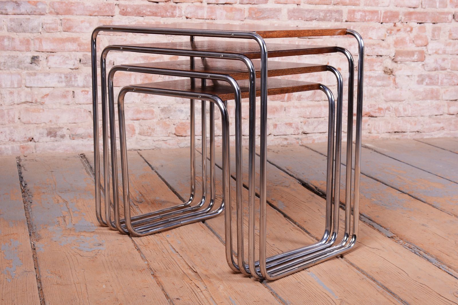 photo furniture Restored Nesting Tables, By M. Breuer For Thonet, Oak, Chrome, Czech, 1920s