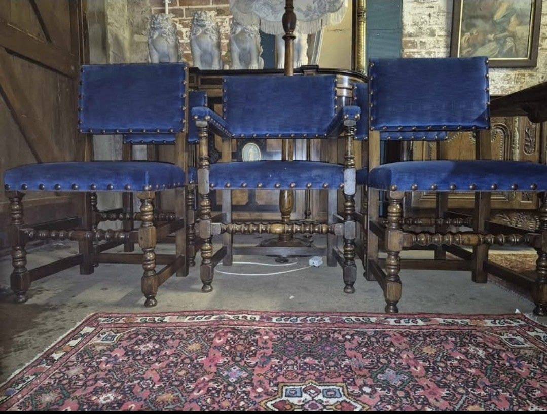 Five Epic Blue Velvet Cromwellian Style Vintage Oak Dining Chairs  4 + 1 Carver photo vintage