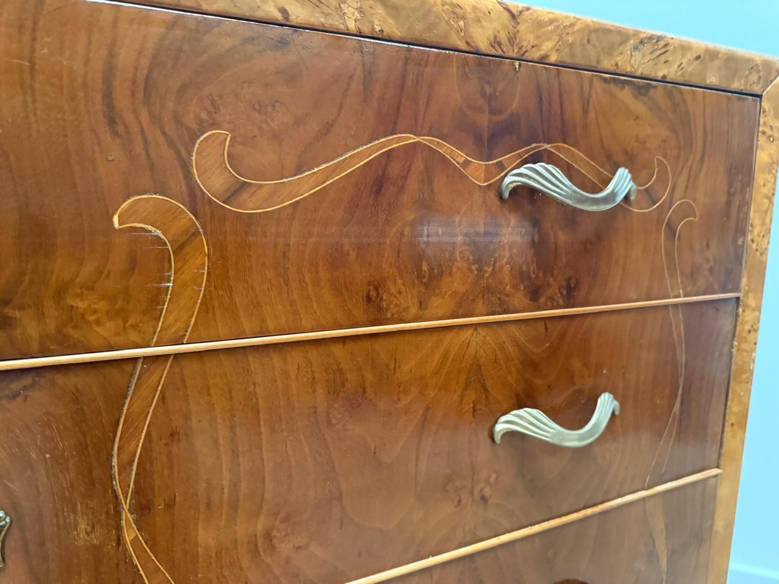 Beautiful Italian Inlaid Art Deco Walnut Route Chest Dresser Delivery Available 0179. photo vinterior
