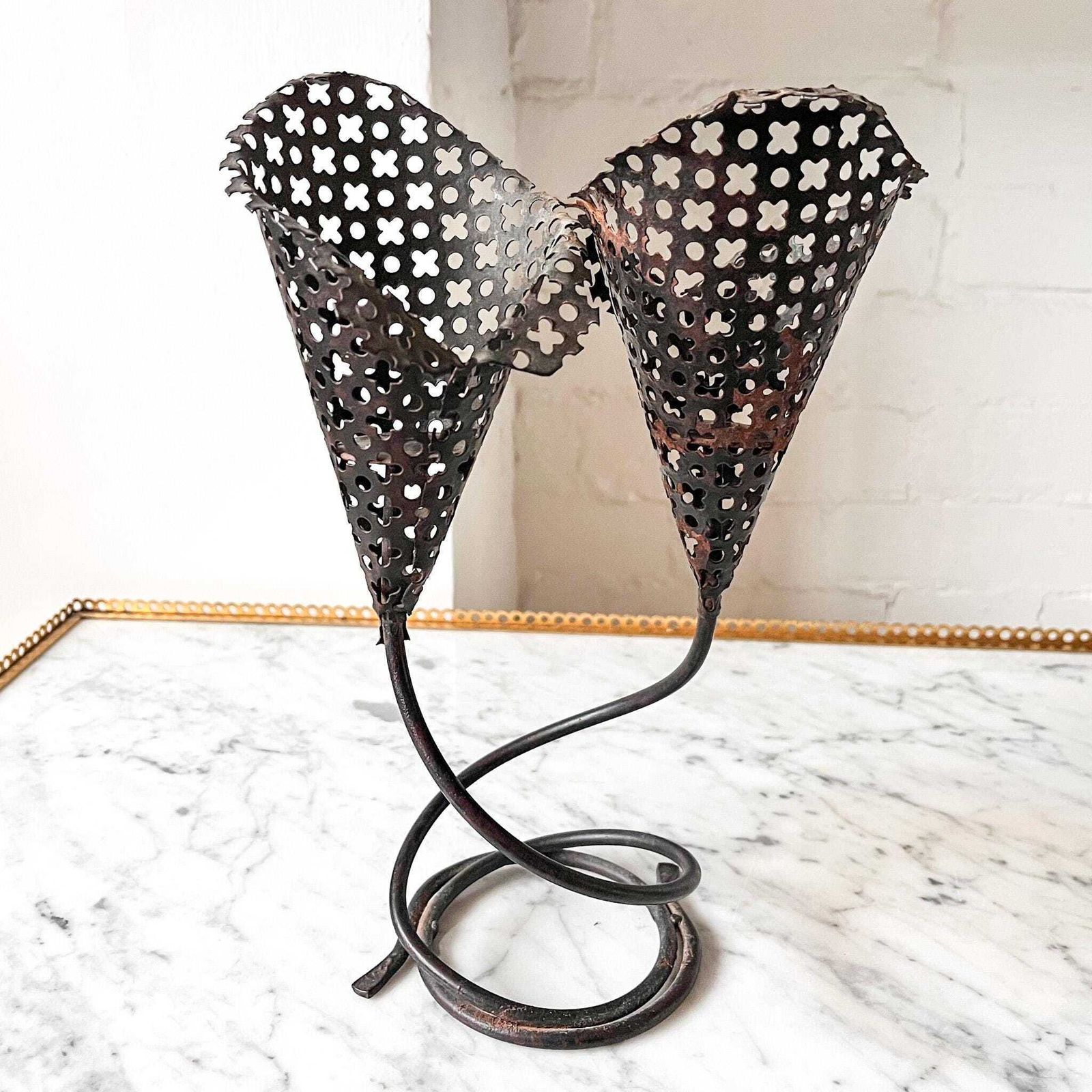 French Mid Century Perforated Metal Candlestick Attributed To Mathieu Matègot photo furniture