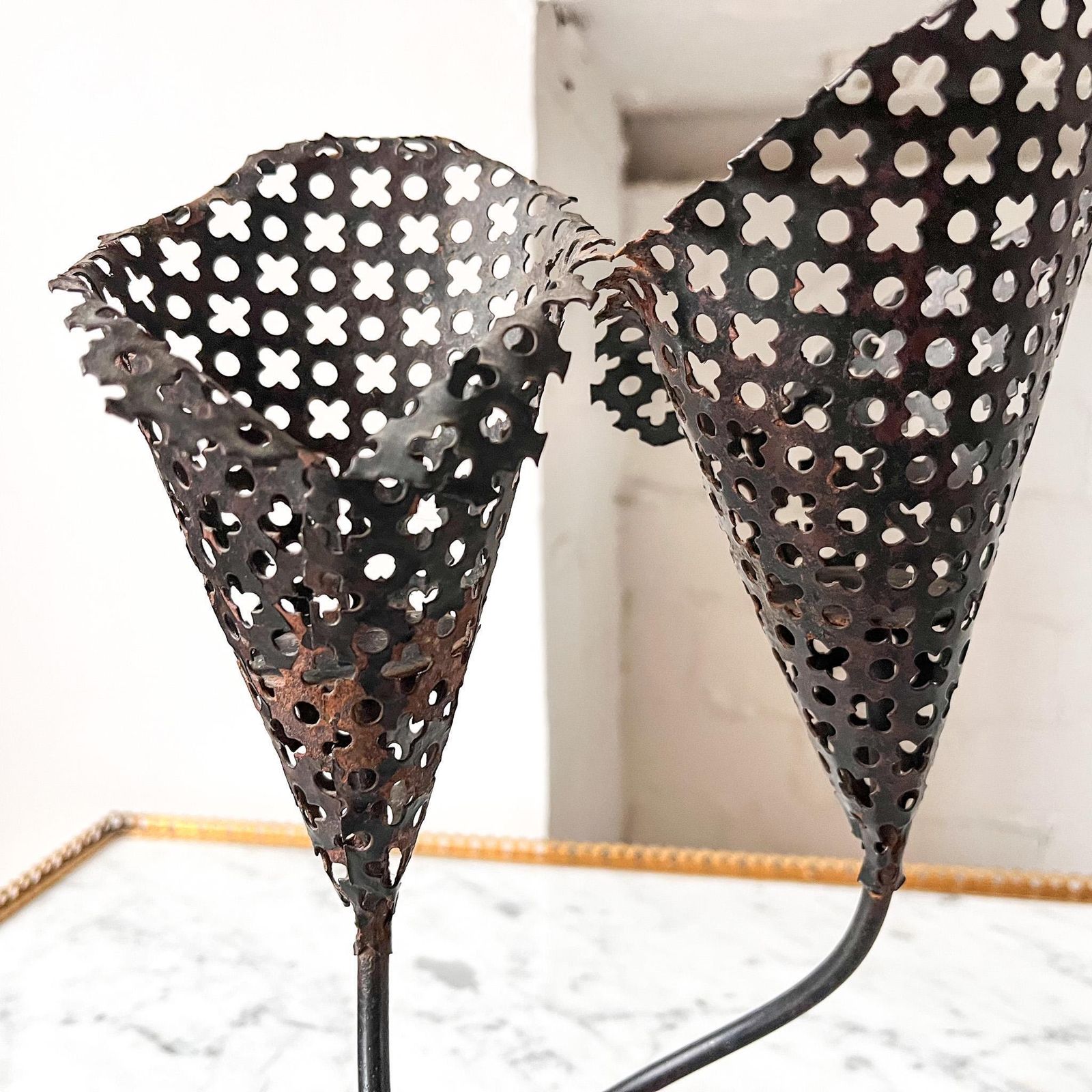 French Mid Century Perforated Metal Candlestick Attributed To Mathieu Matègot photo buy