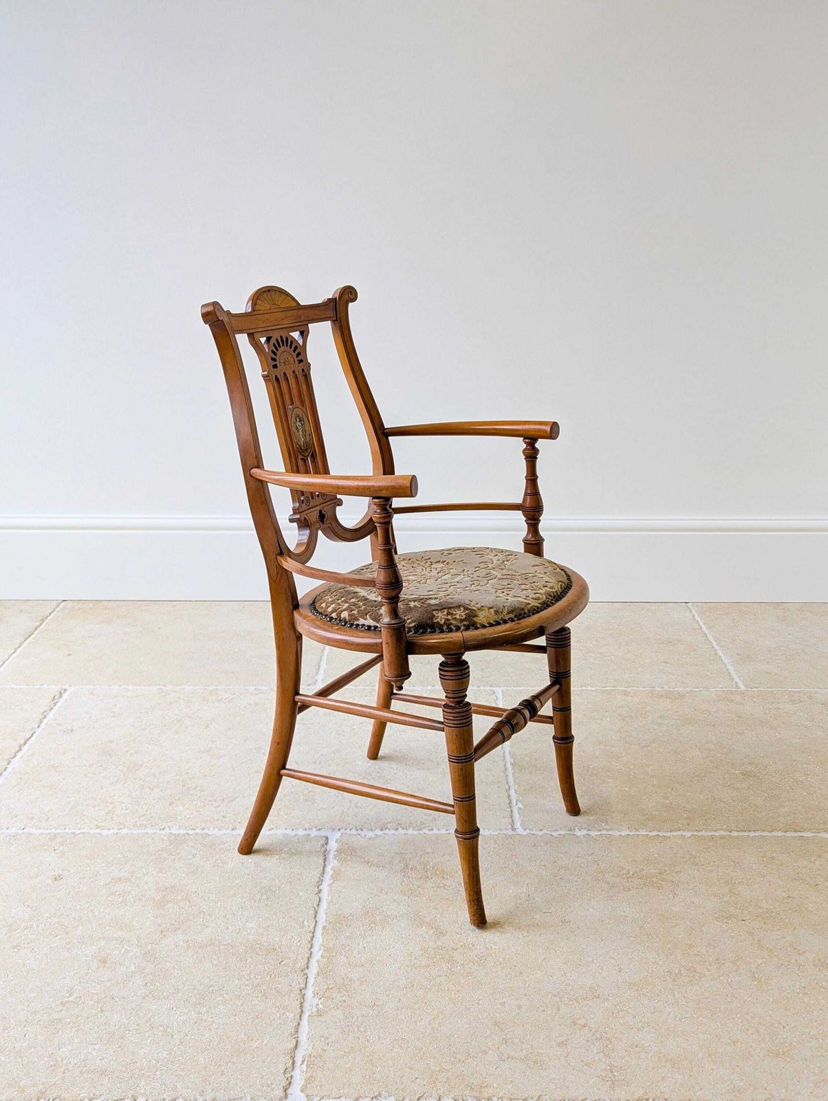 photo buy Antique Victorian Satinwood Lyre Back Elbow Chair C.1890