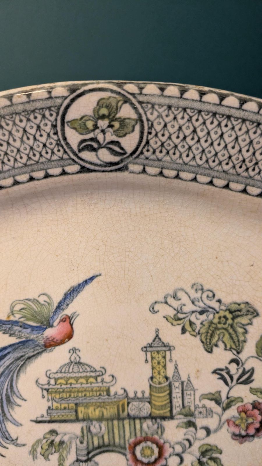 Antique S F & Co B Ltd Minaret Platter 37cm | Lincoln Pottery England | Chinoiserie Bird Design | C.1912–1939 photo Home Decor