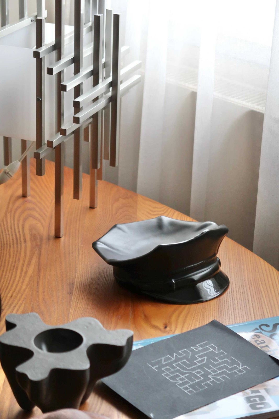 French Black Ceramic Bowl Dish By Jc Peiré, Trompe L'oeil Police Cap, 1980s / Tom Of Finland Style, Gay, Leather Fetish photo for sale