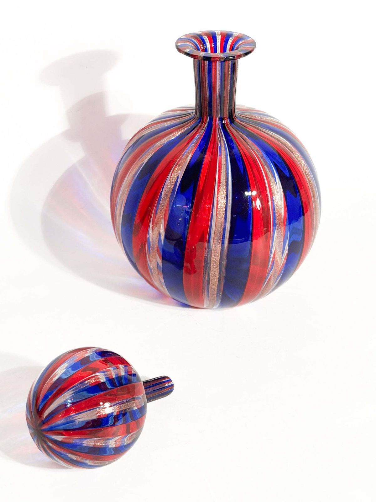 photo for sale Pair Of Multicolored Murano Glass Bottles With Aventurine From The 1970s