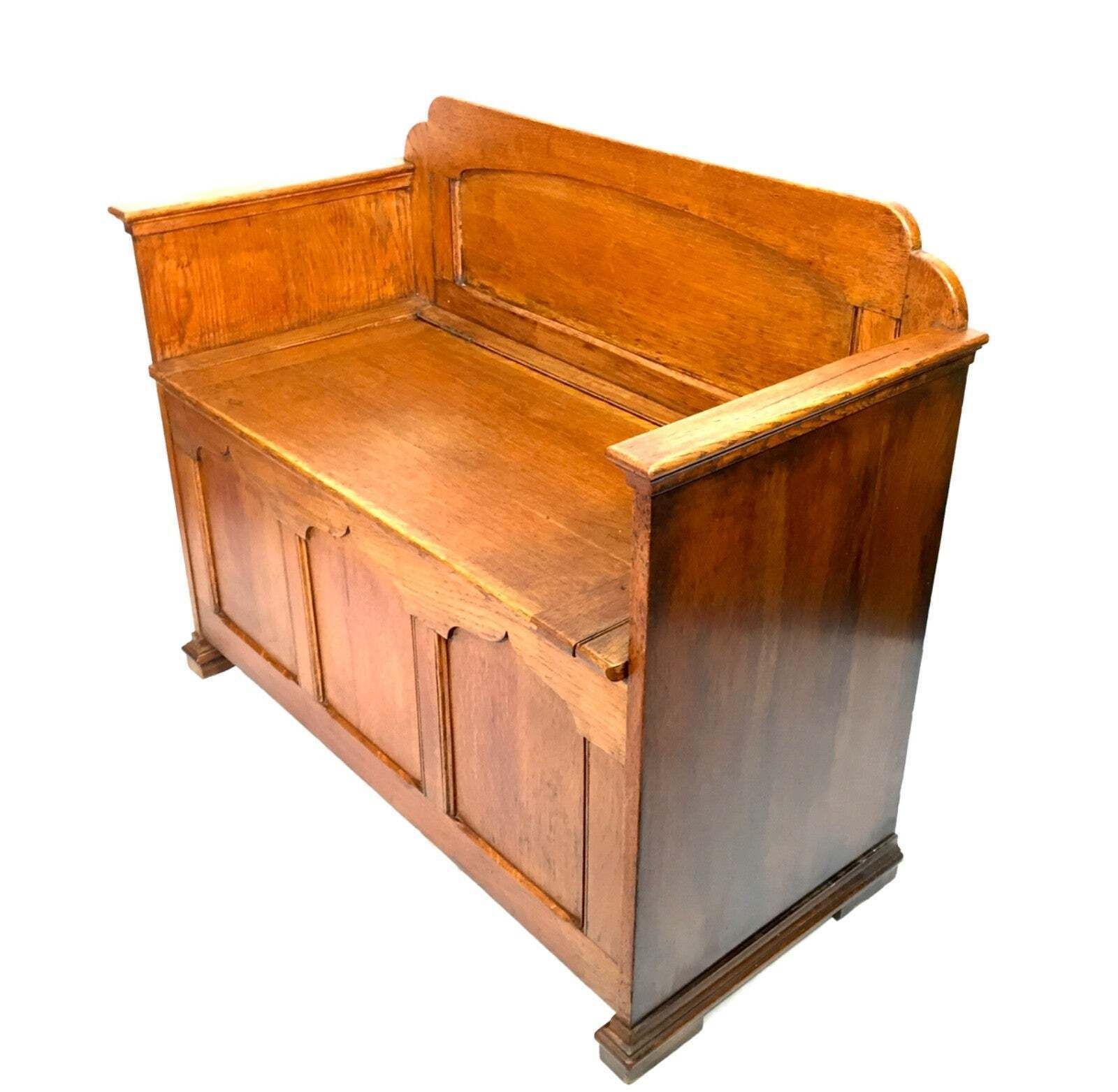 Antique Early 20th Century Oak Wooden Entrance Hall Monks Bench / Storage Seat photo for sale